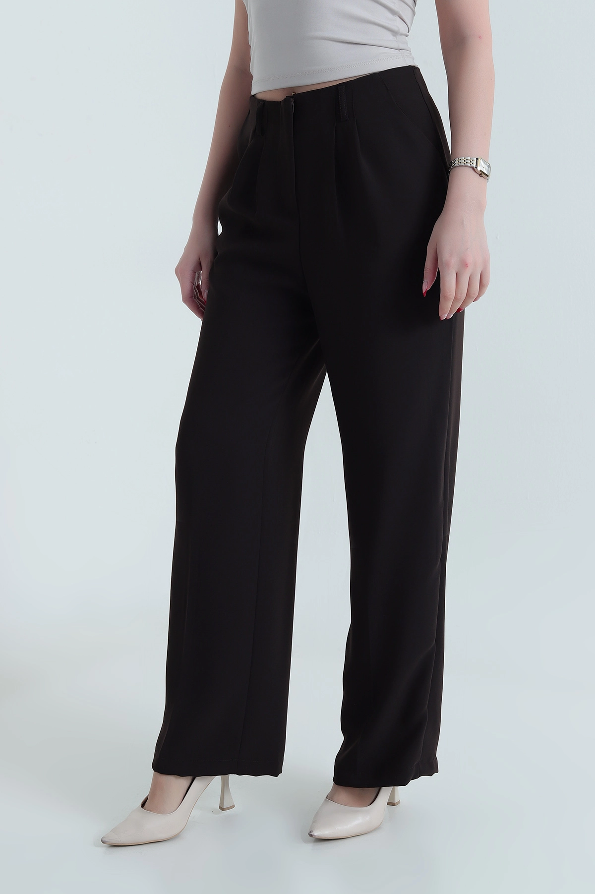 Koyu Kahve Krep Tencel Fermuarlı Cepli Kadın Pantolon 438802