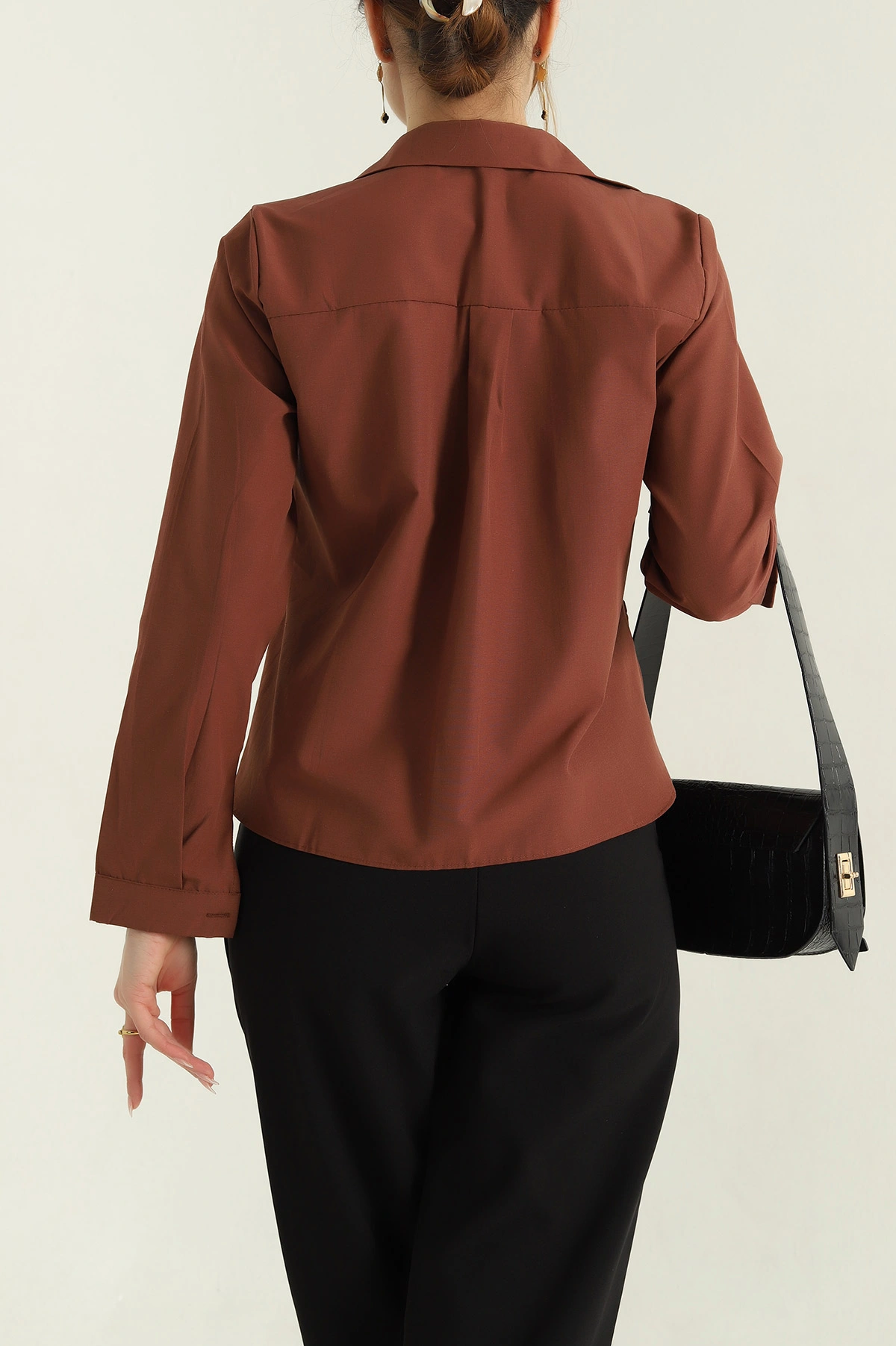 Koyu Kahve Poplin Kumaş Kadın Crop Gömlek 355796