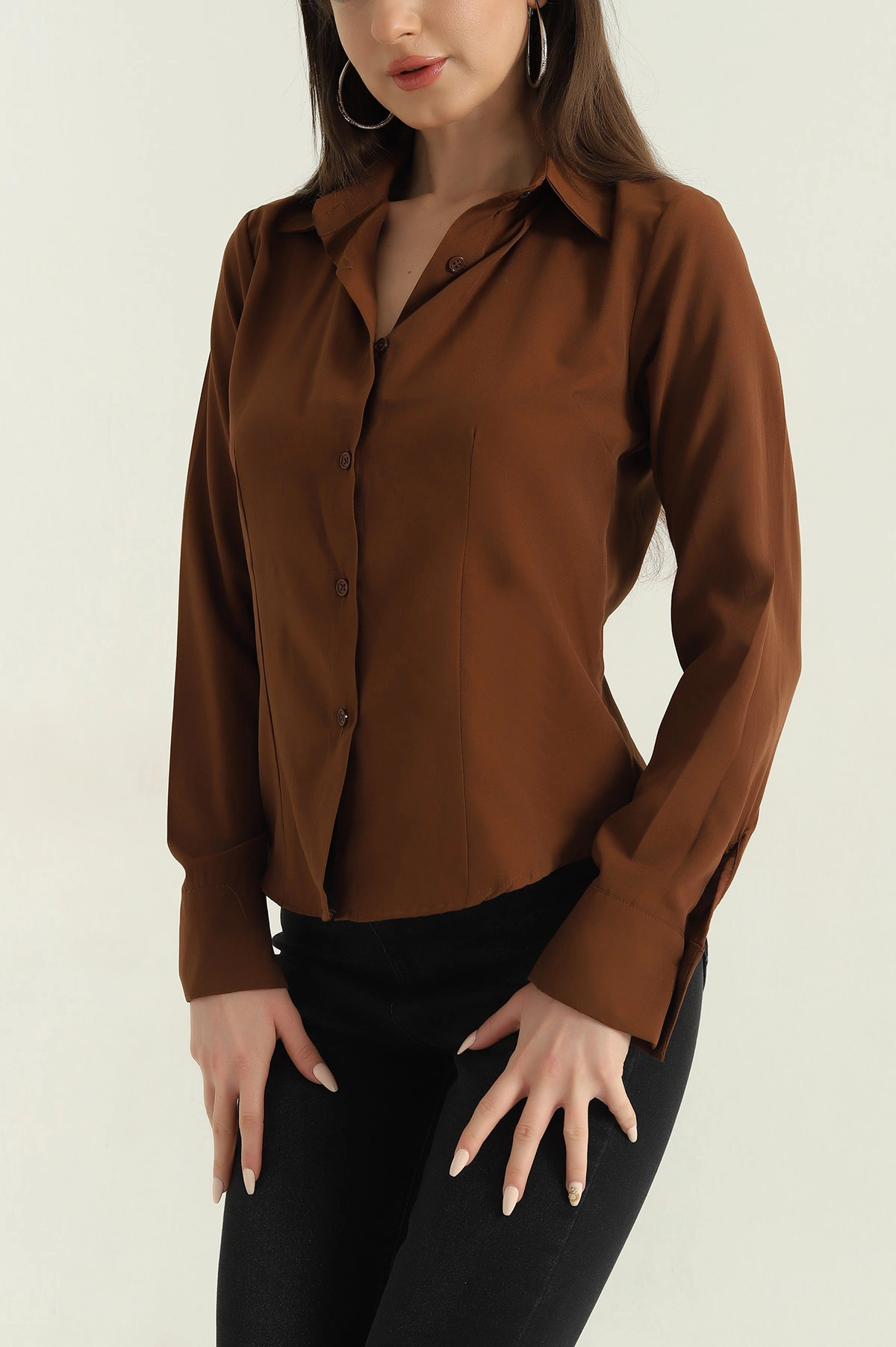 Koyu Kahve Poplin Kumaş Kadın Gömlek 352183