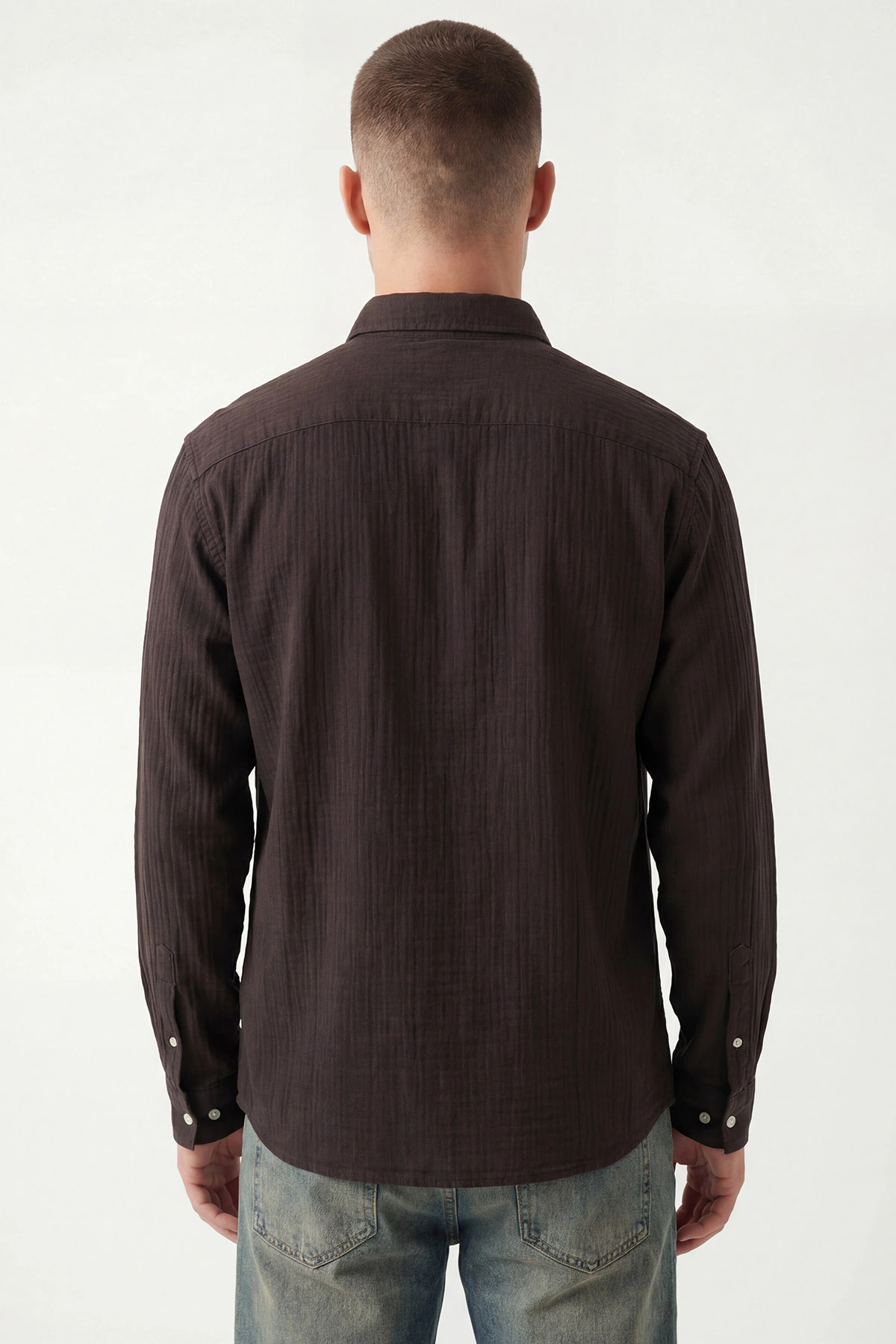 Koyu Kahve Relaxed Fit Müslin Keten Ata Yaka Erkek Gömlek 435741
