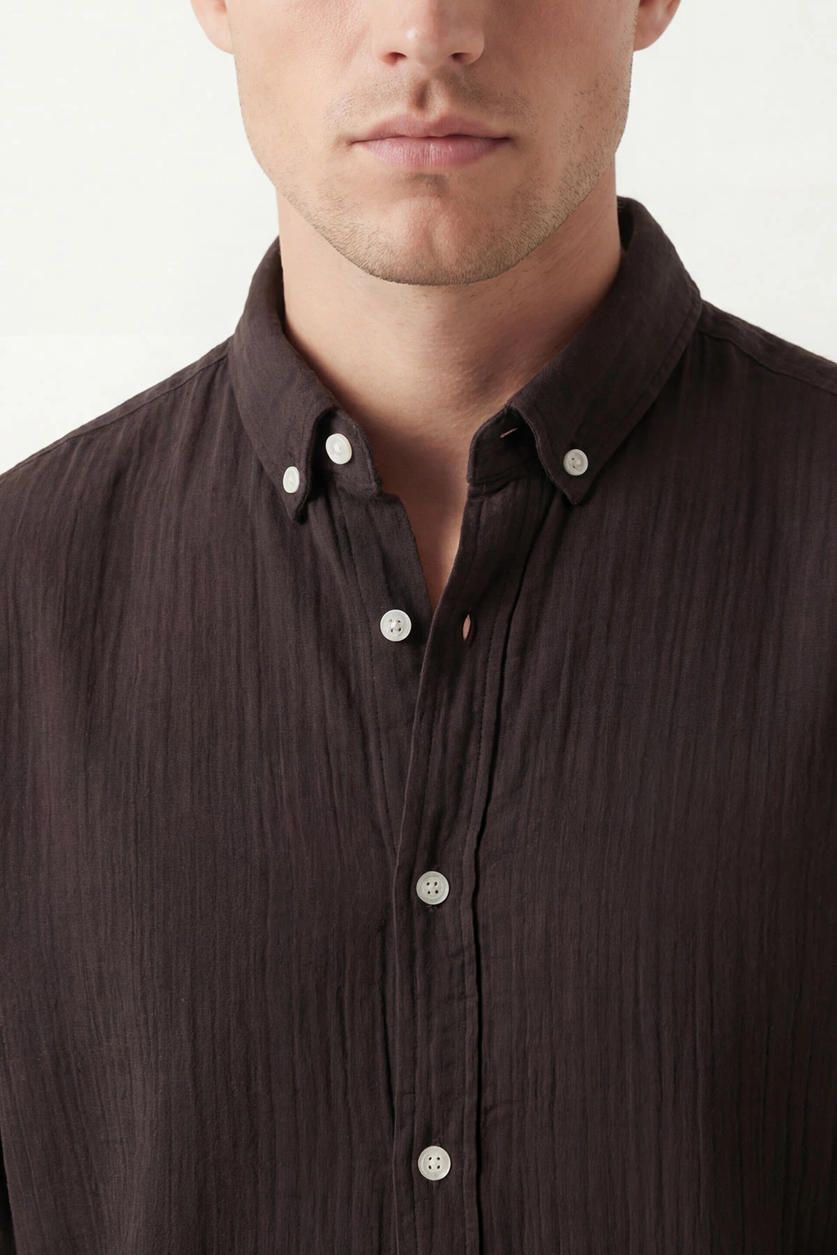 Koyu Kahve Relaxed Fit Müslin Keten Ata Yaka Erkek Gömlek 435741