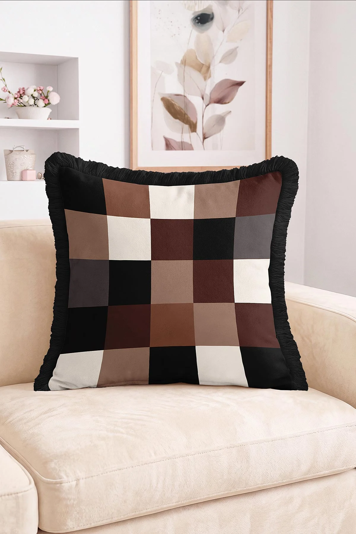 43x43 Cm Dijital Baskılı Fermuarlı Çift Taraflı Saçaklı Kırlent Kılıfı 483426