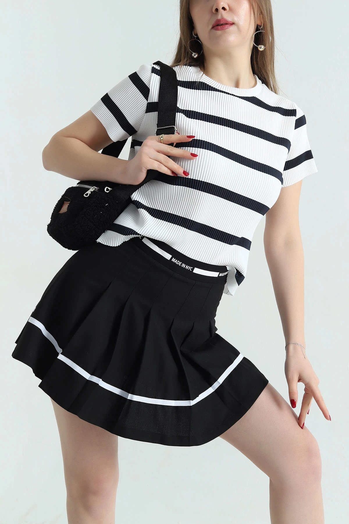 Koyu Lacivert Akordiyon Kumaş Çizgili Tişört 334161