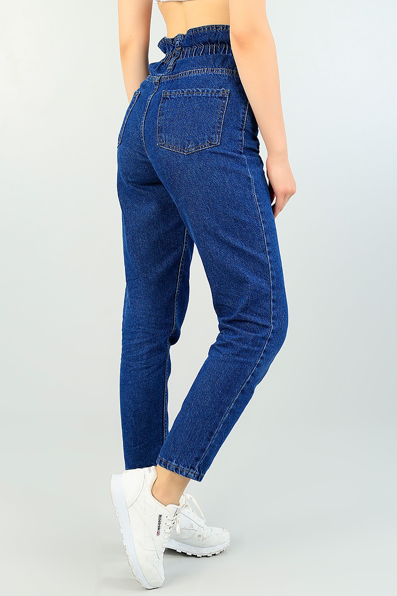 Koyu Mavi Beli Lastikli Bayan Mom Kot Pantolon 69471