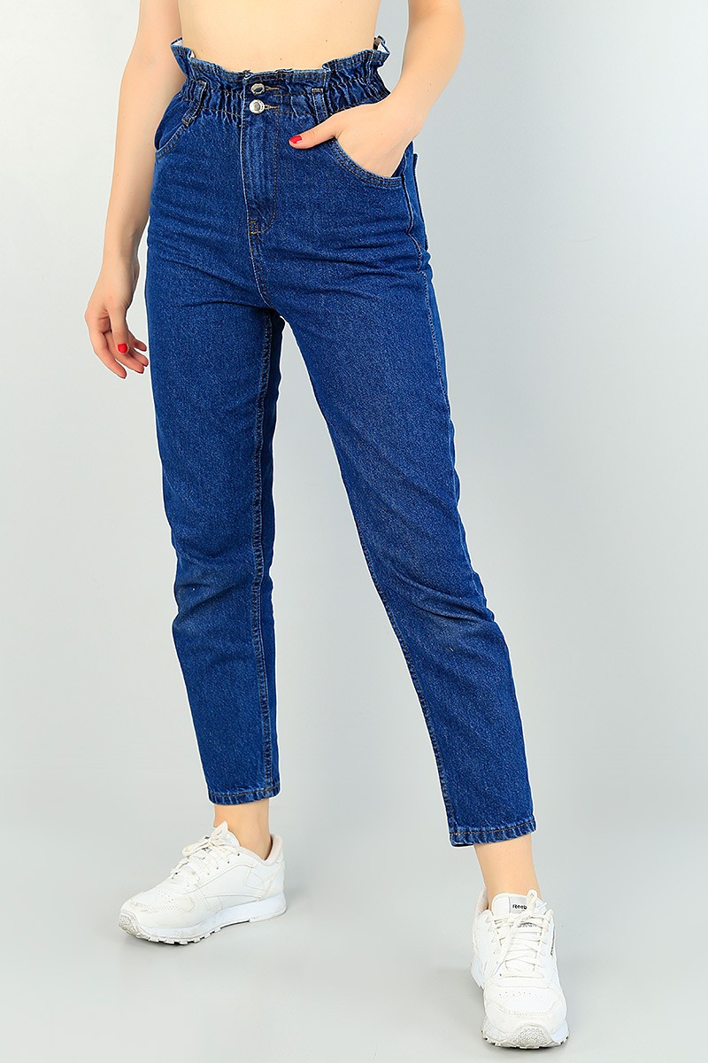 Koyu Mavi Beli Lastikli Bayan Mom Kot Pantolon 69471