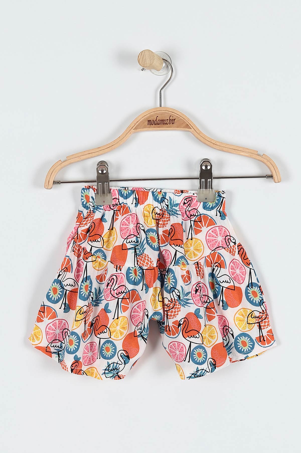 Koyu Turuncu (9-24 Ay) Flamingo Çiçek Baskılı Omuz Fiyonk Detaylı Şortlu Kız Bebe Takım 182605