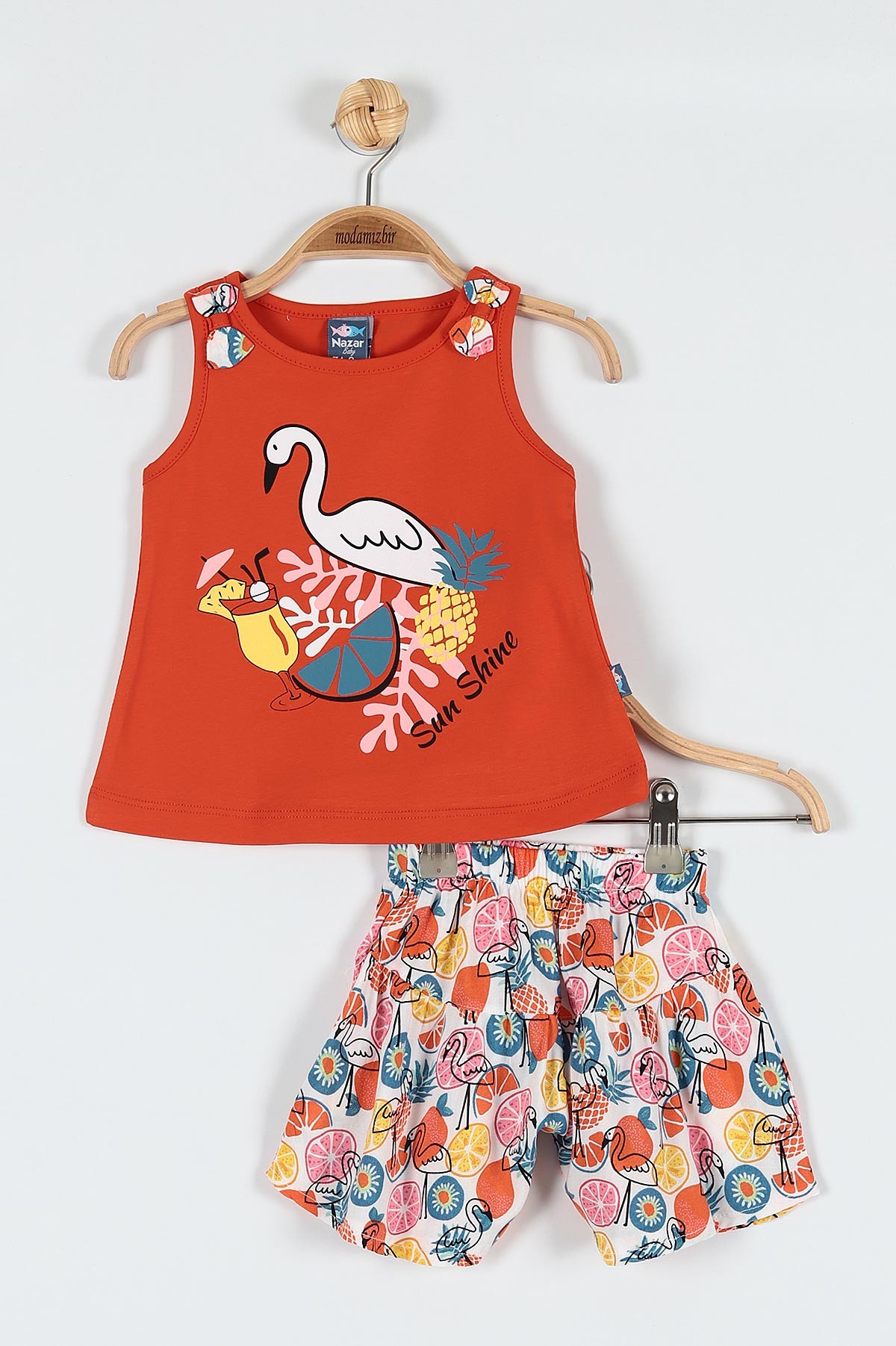 Koyu Turuncu (9-24 Ay) Flamingo Çiçek Baskılı Omuz Fiyonk Detaylı Şortlu Kız Bebe Takım 182605