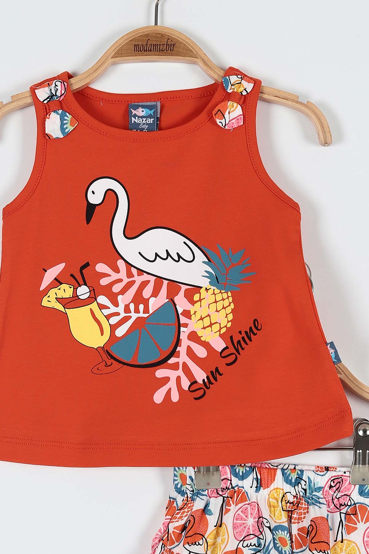 Koyu Turuncu (9-24 Ay) Flamingo Çiçek Baskılı Omuz Fiyonk Detaylı Şortlu Kız Bebe Takım 182605