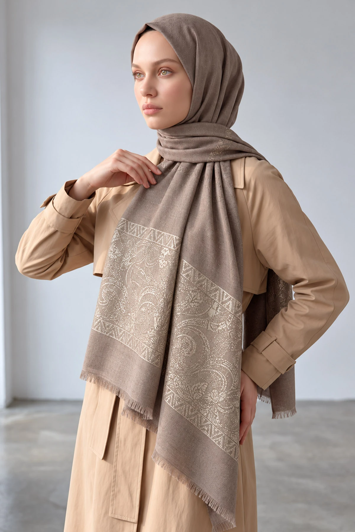 Koyu Vizon 70x180 Cm Elara Premium Jakarlı Pamuk Şal 494284