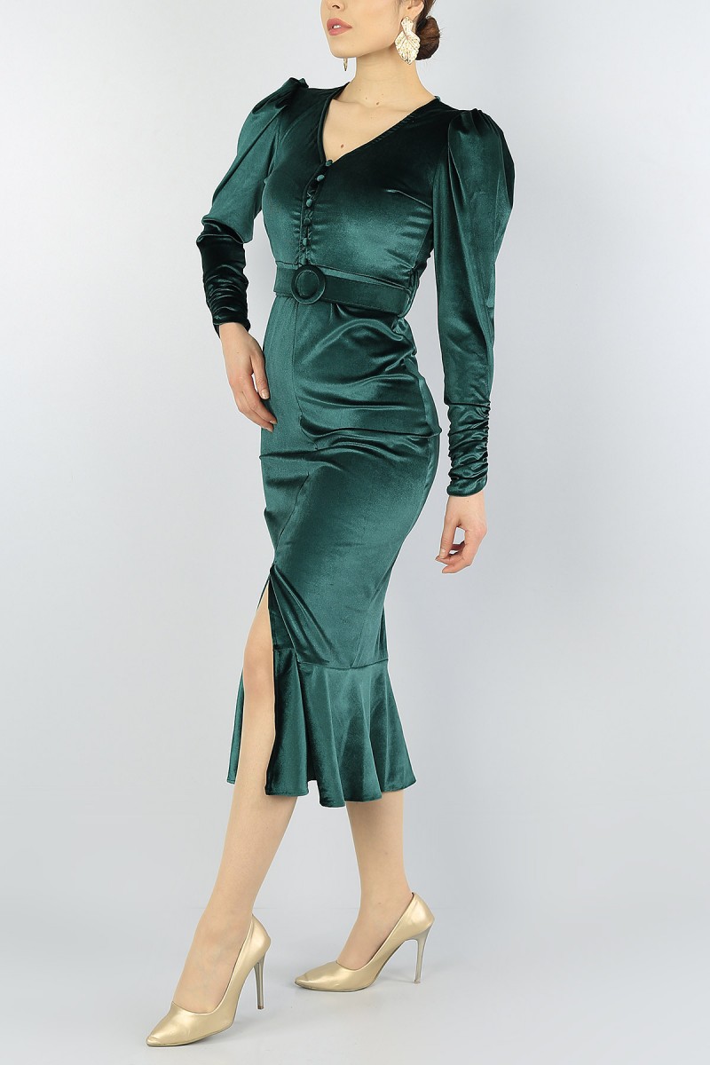 Koyu Yeşil Yakası Düğmeli Yırtmaçlı Kadife Elbise 55401