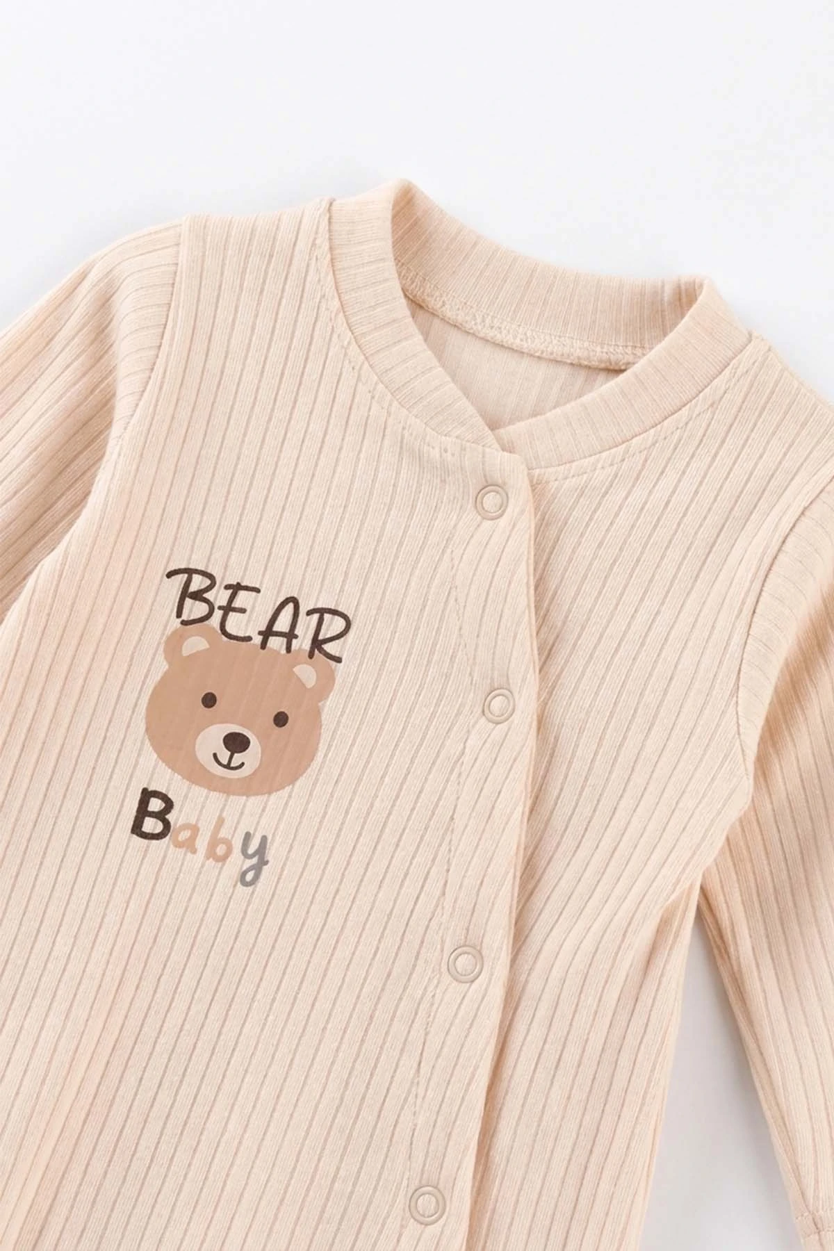 Krem (0-3 Ay) Baby Ayıcık Baskılı Raporlu ve Patikli 2'li Erkek Bebek Tulum 486913