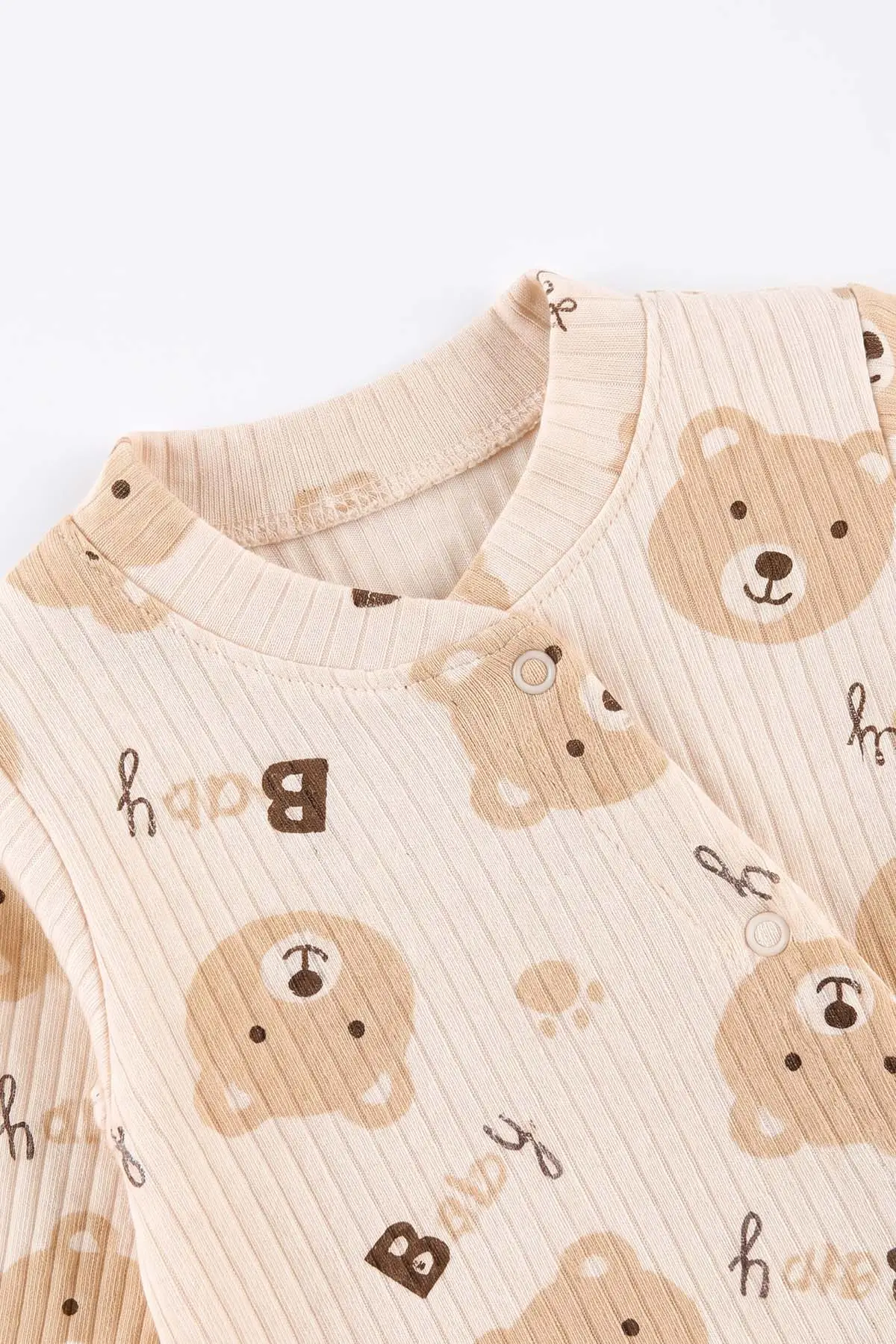 Krem (0-3 Ay) Baby Ayıcık Baskılı Raporlu ve Patikli 2'li Erkek Bebek Tulum 486913