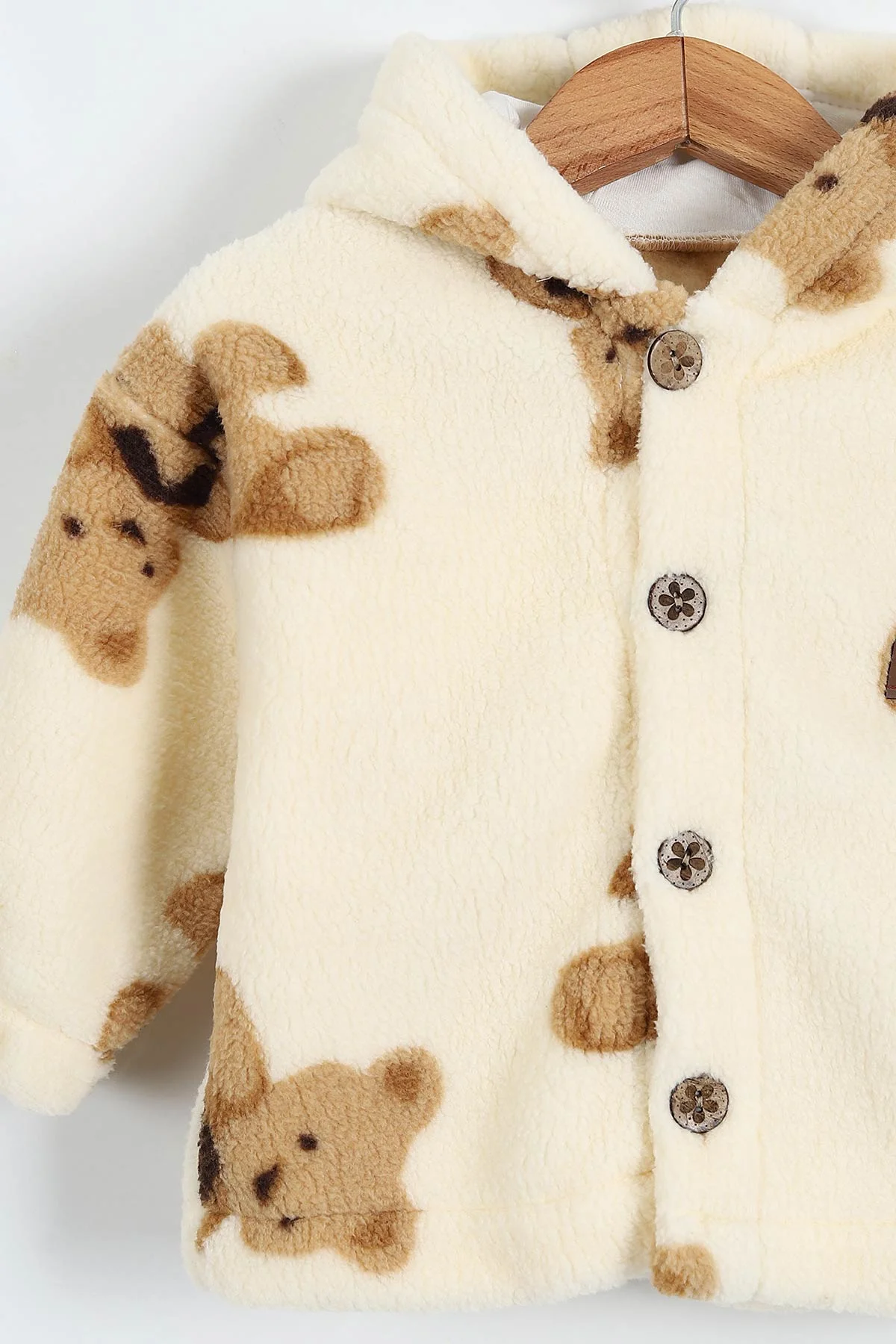 Krem (0-3 Yaş) Ayıcık Baskılı Kapüşonlu Welsoft Polar Bebek-Çocuk Mont 389410