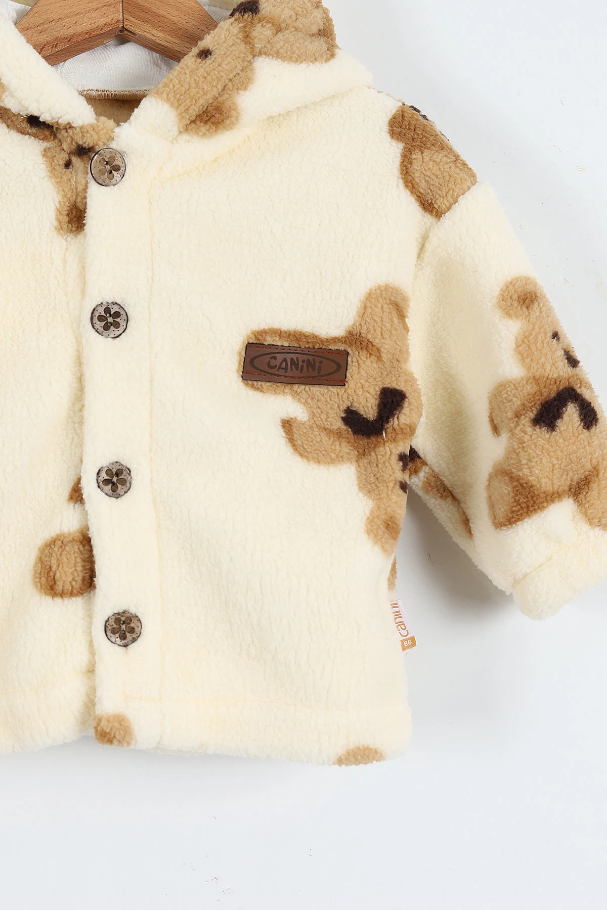 Krem (0-3 Yaş) Ayıcık Baskılı Kapüşonlu Welsoft Polar Bebek-Çocuk Mont 389410