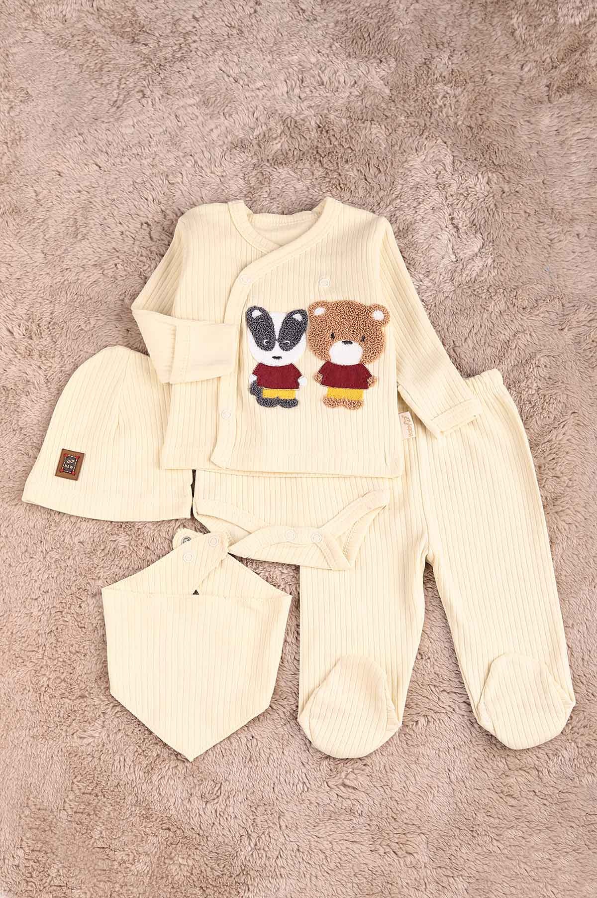 Krem (0-6 Ay) Ayı Nakışlı Erkek Bebe Takım 183866