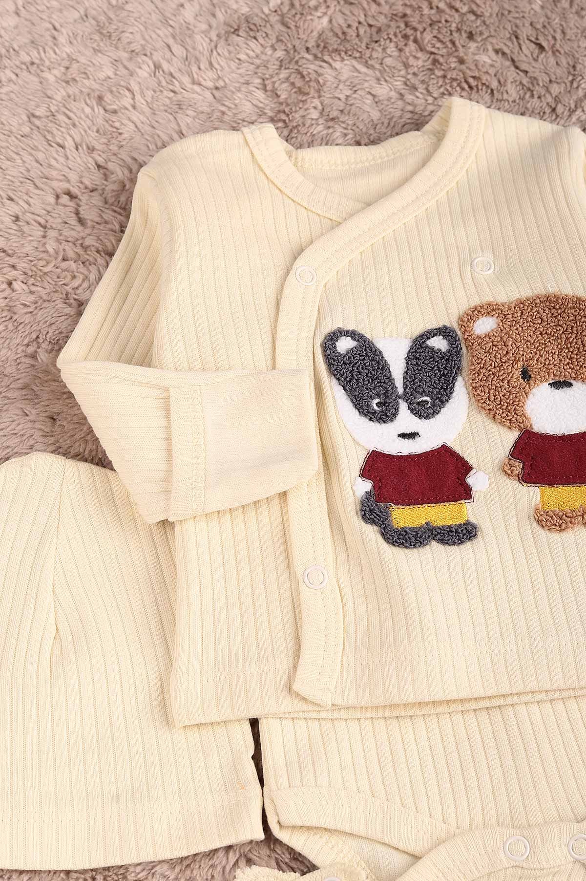 Krem (0-6 Ay) Ayı Nakışlı Erkek Bebe Takım 183866