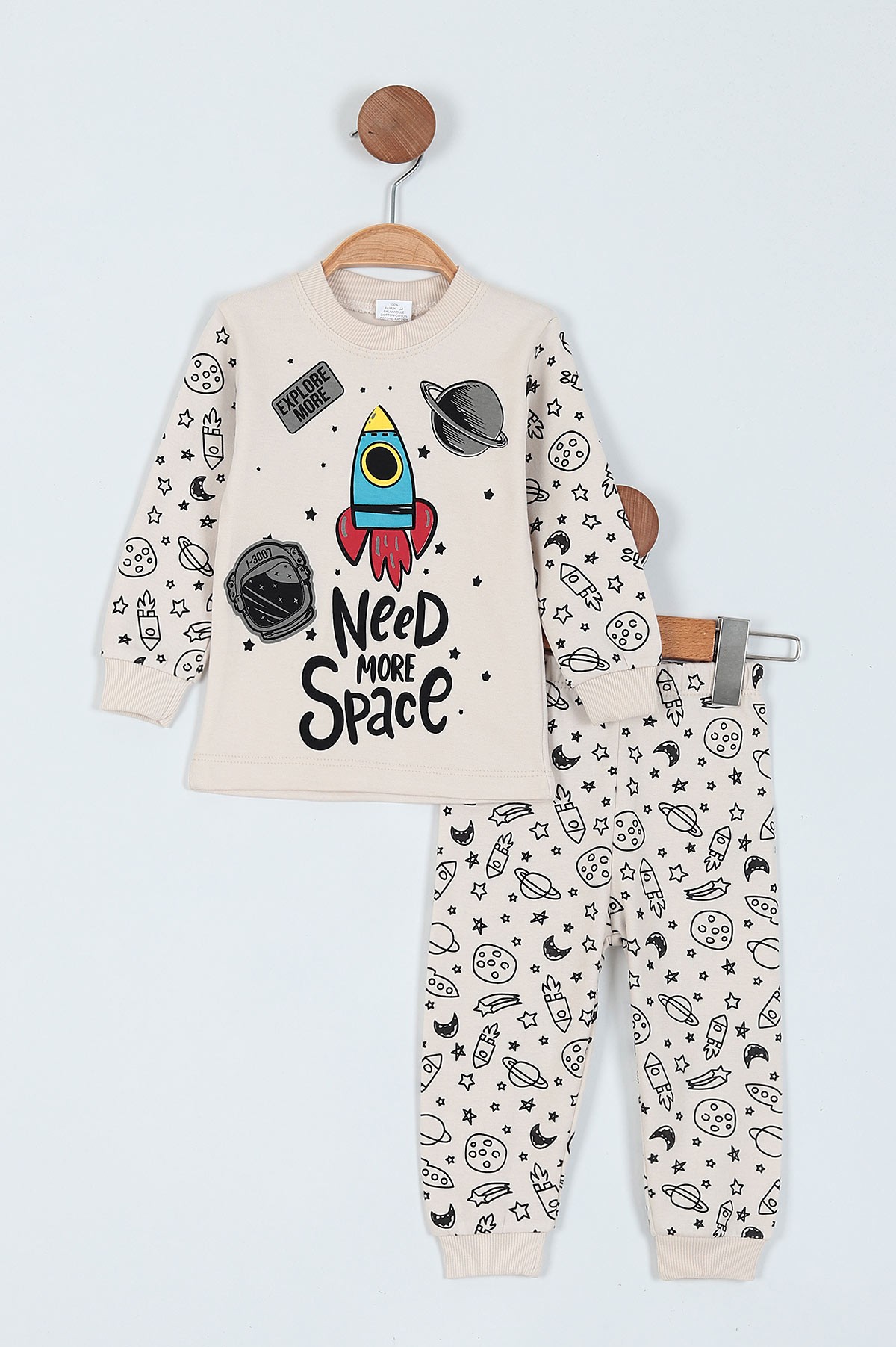 Krem (1-3 Yaş) Uzay Baskılı Erkek Çocuk Pijama Takım 219574