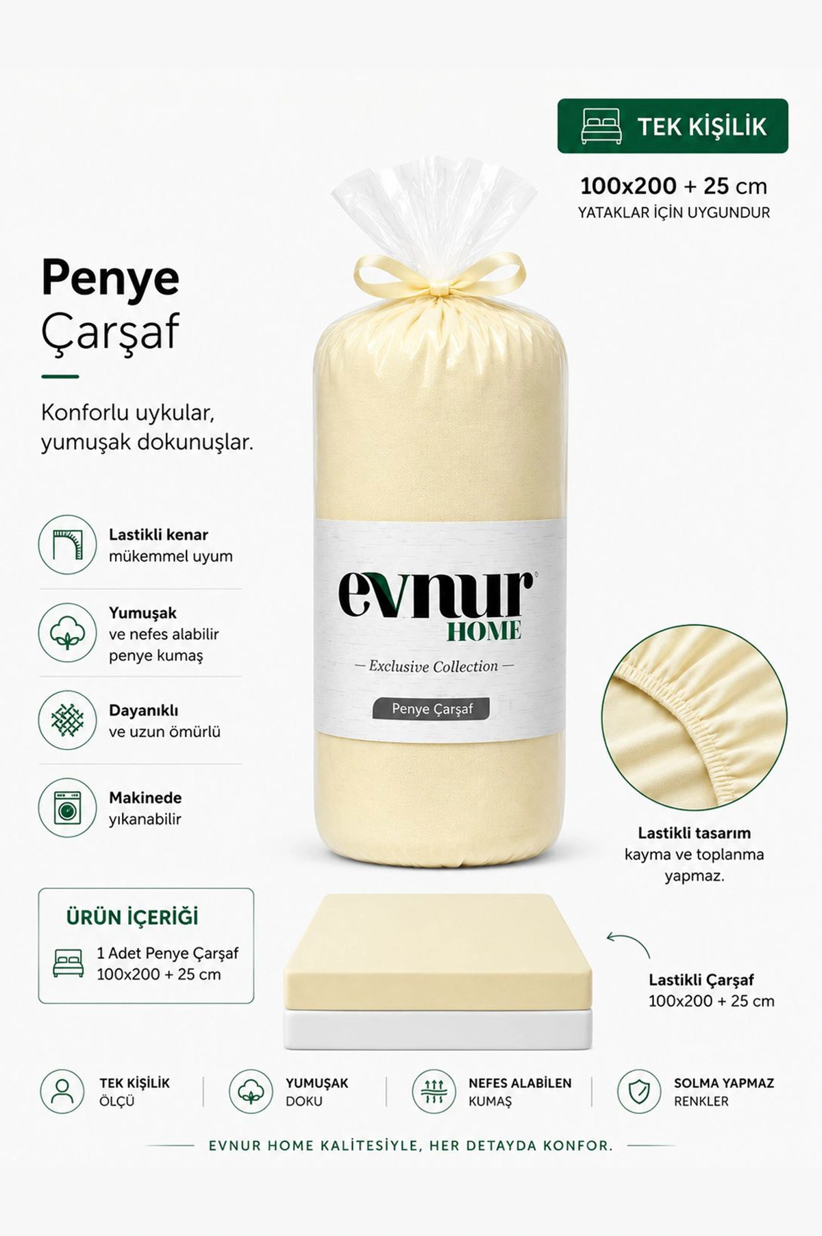 Krem 100x200+25 Cm Evnur Home Penye Tek Kişilik Fitted (Lastikli) Çarşaf 467374