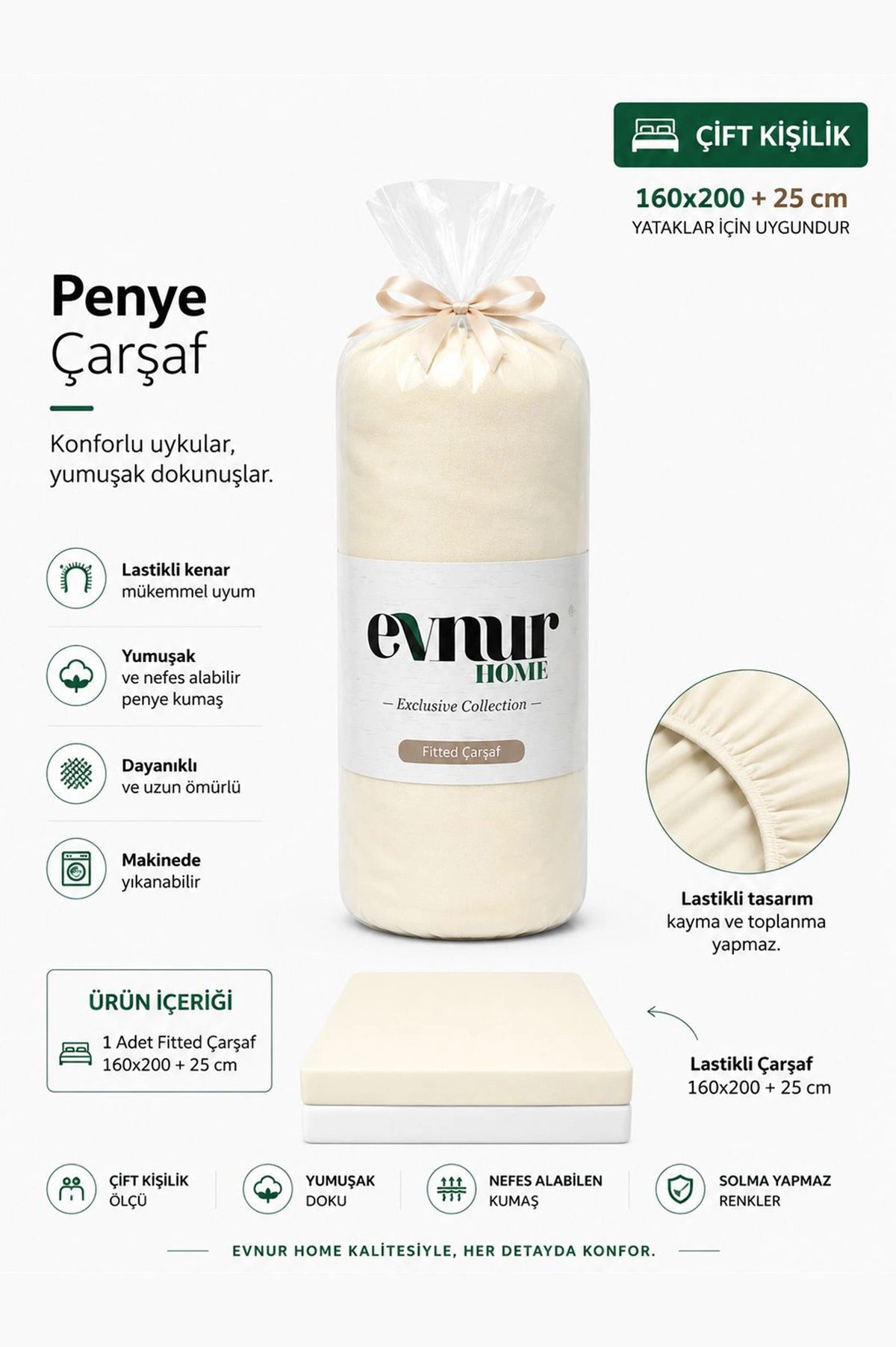 Krem 160x200+25 Cm  Evnur Home Penye Çift Kişilik Fitted (Lastikli) Çarşaf 467366