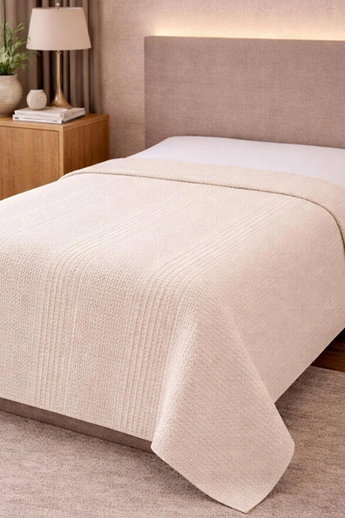 Krem 160x220 Cm Bella Home Tek Kişilik Pamuklu Petek Pike 474871