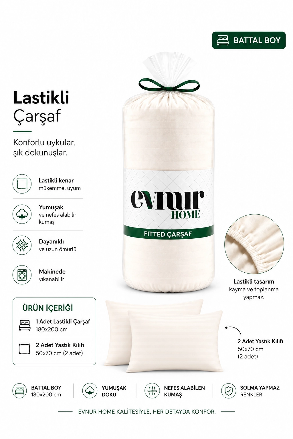 Krem 180x200 Cm  Evnur Home Çizgili Çift Kişilik Fitted (Lastikli) Çarşaf Takımı 497761