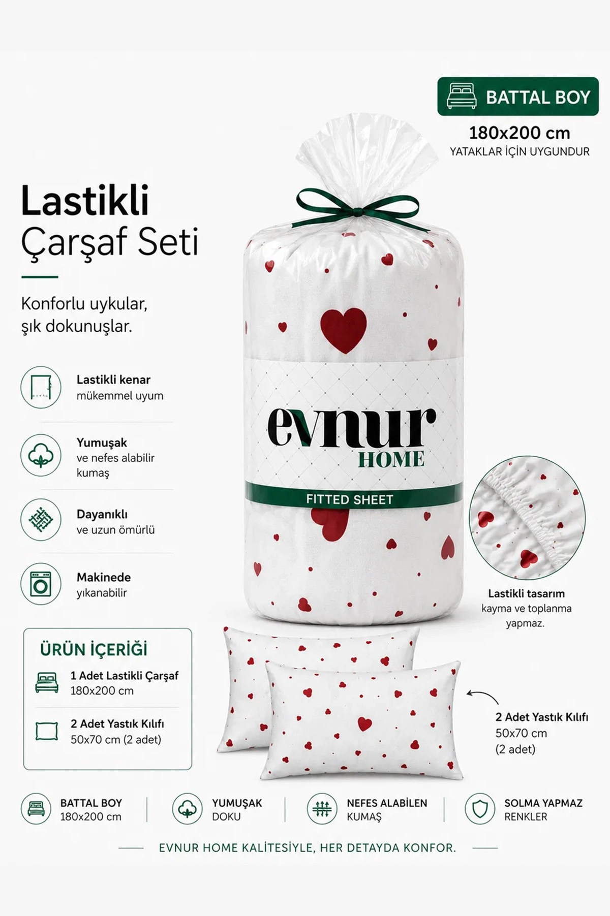 Krem 180x200 Cm Evnur Home Desenli Çift Kişilik Fitted (Lastikli) Çarşaf Takımı 467362