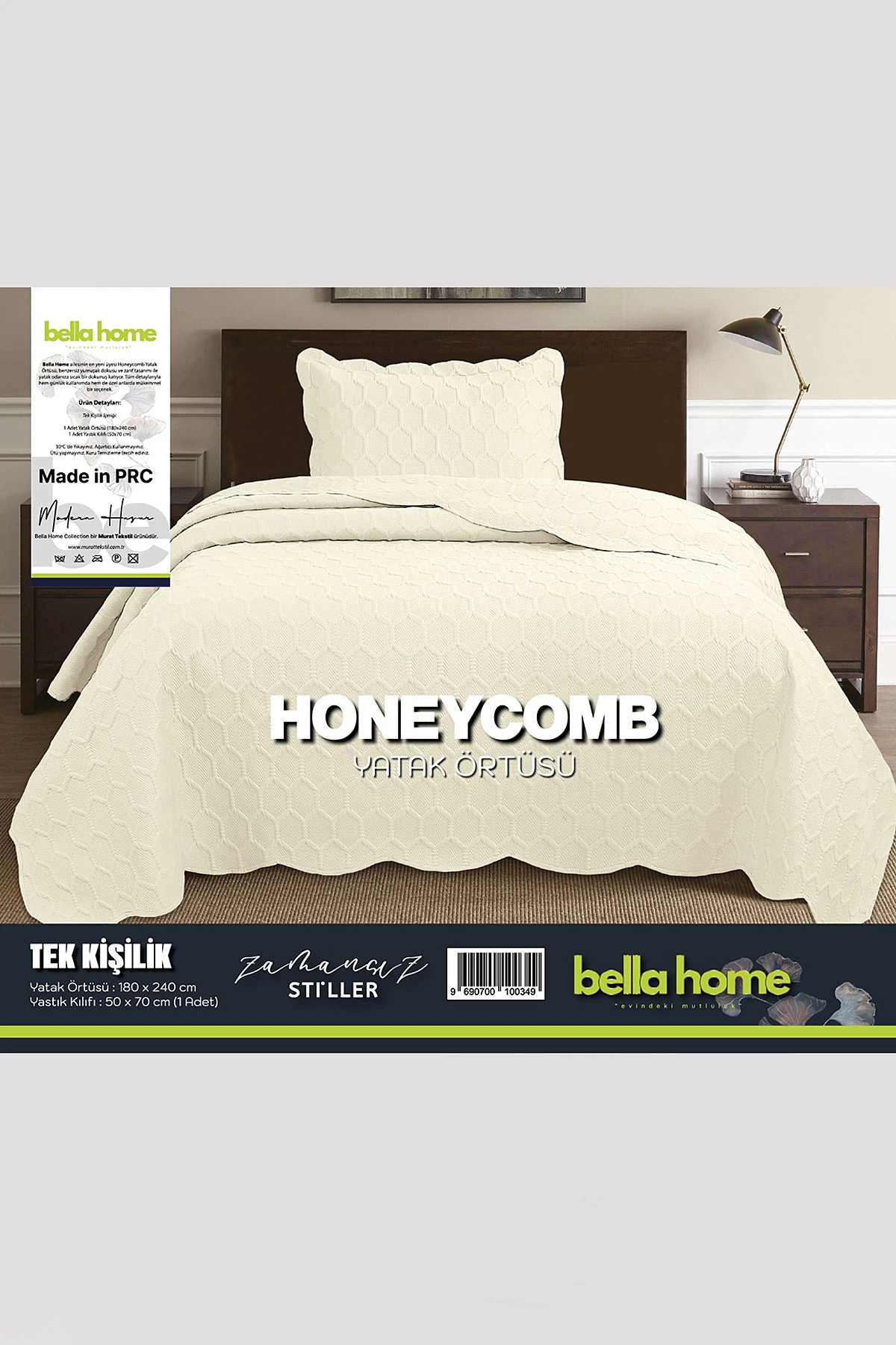 Krem 180x240 Cm Bella Home Tek Kişilik Honeycomb 3D Yatak Örtüsü 395085