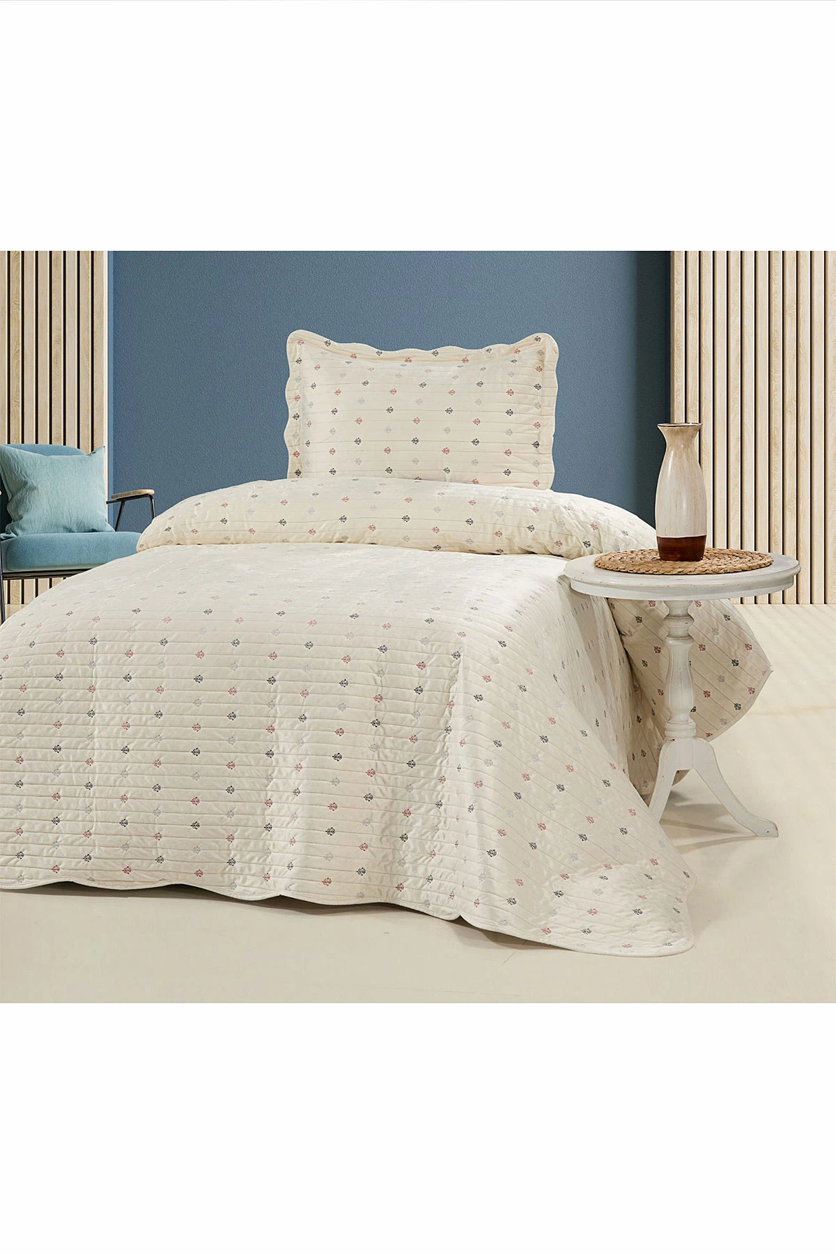 Krem 180x240 Cm Liora Kadife Nakışlı Tek Kişilik Yatak Örtüsü 474557