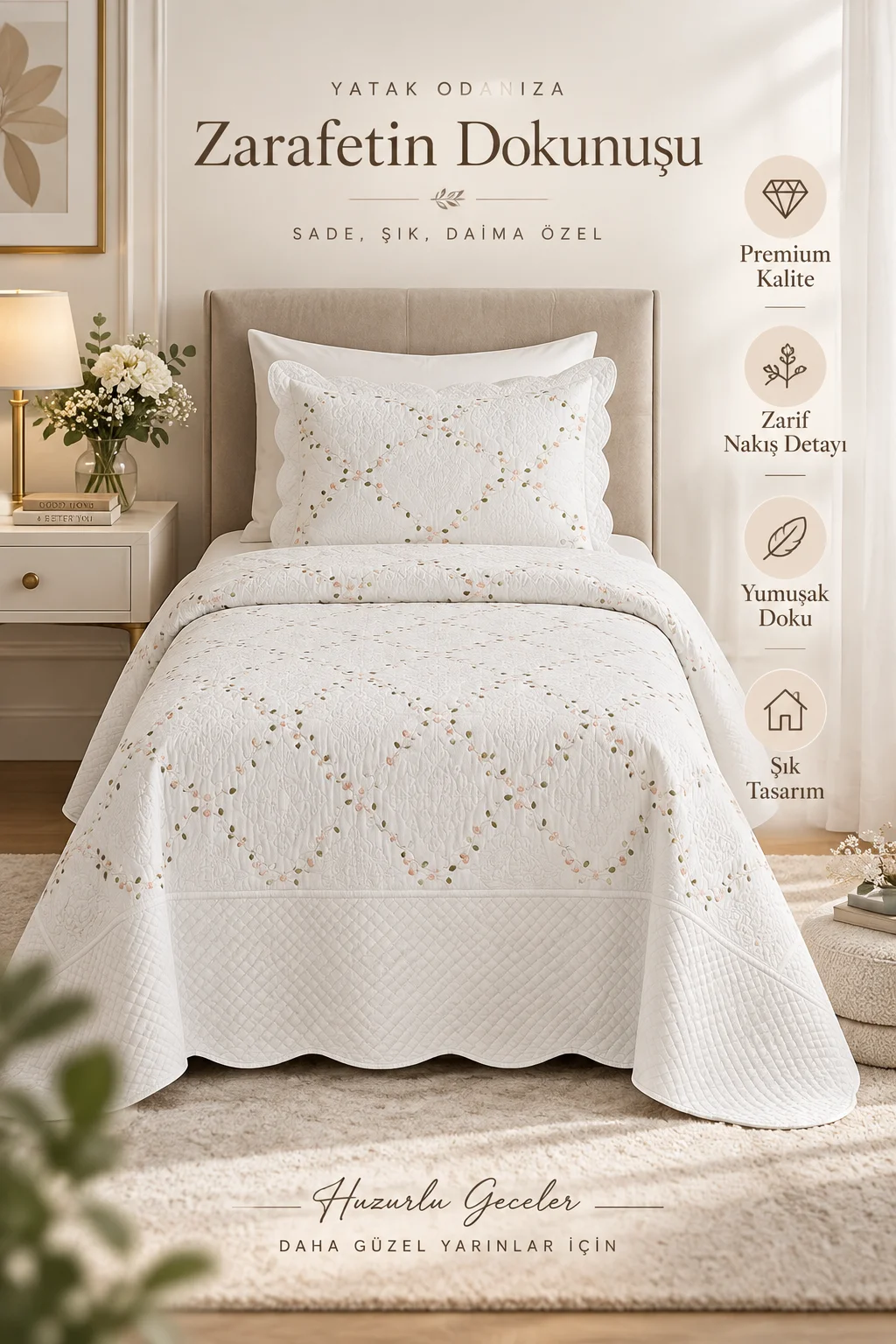 Krem 180x240 Cm Mirela Tek Kişilik Renkli Nakışlı Yatak Örtüsü Seti 491407