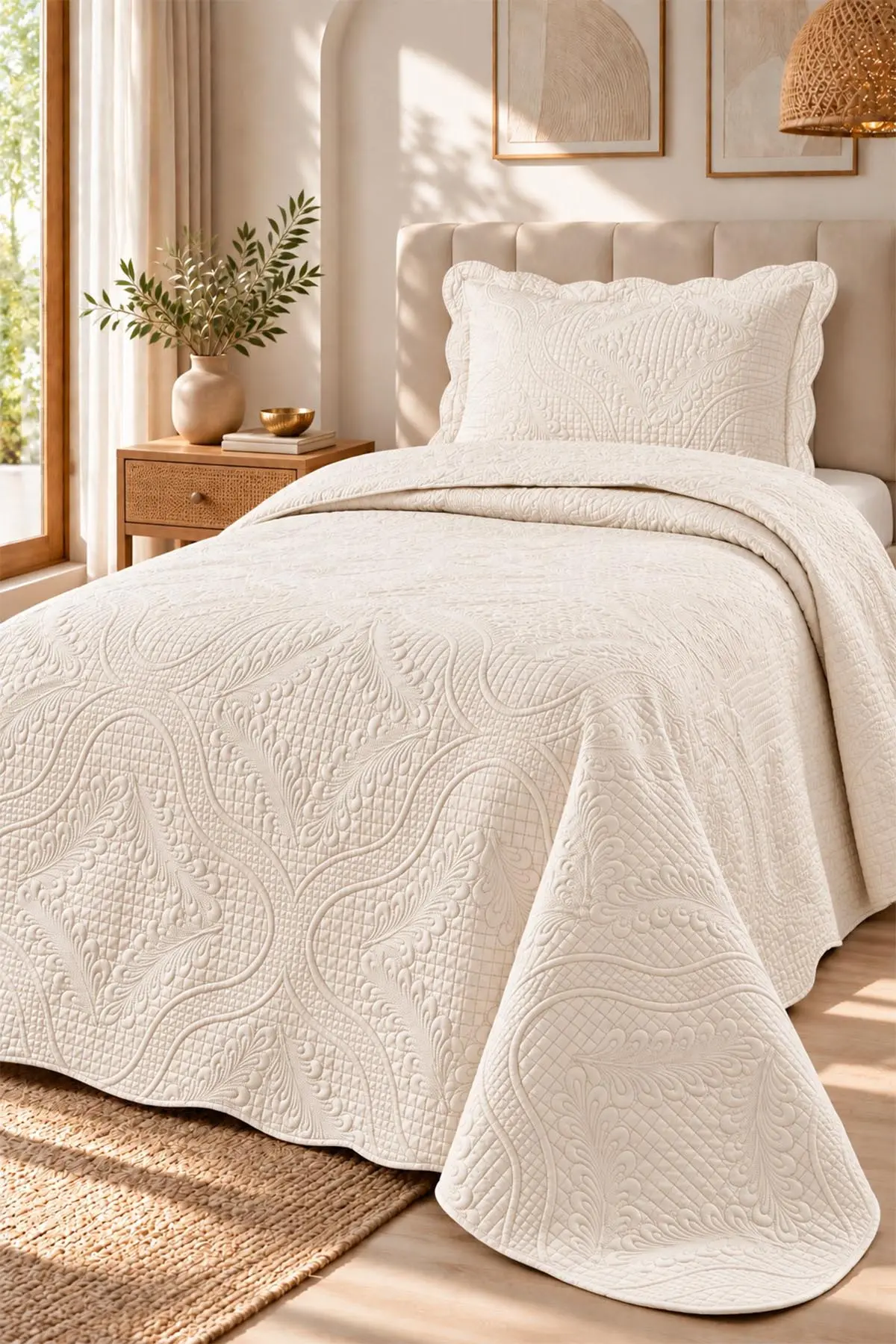 Krem 180x240 Cm Toyo Tek Kişilik Nakışlı Yatak Örtüsü 492028