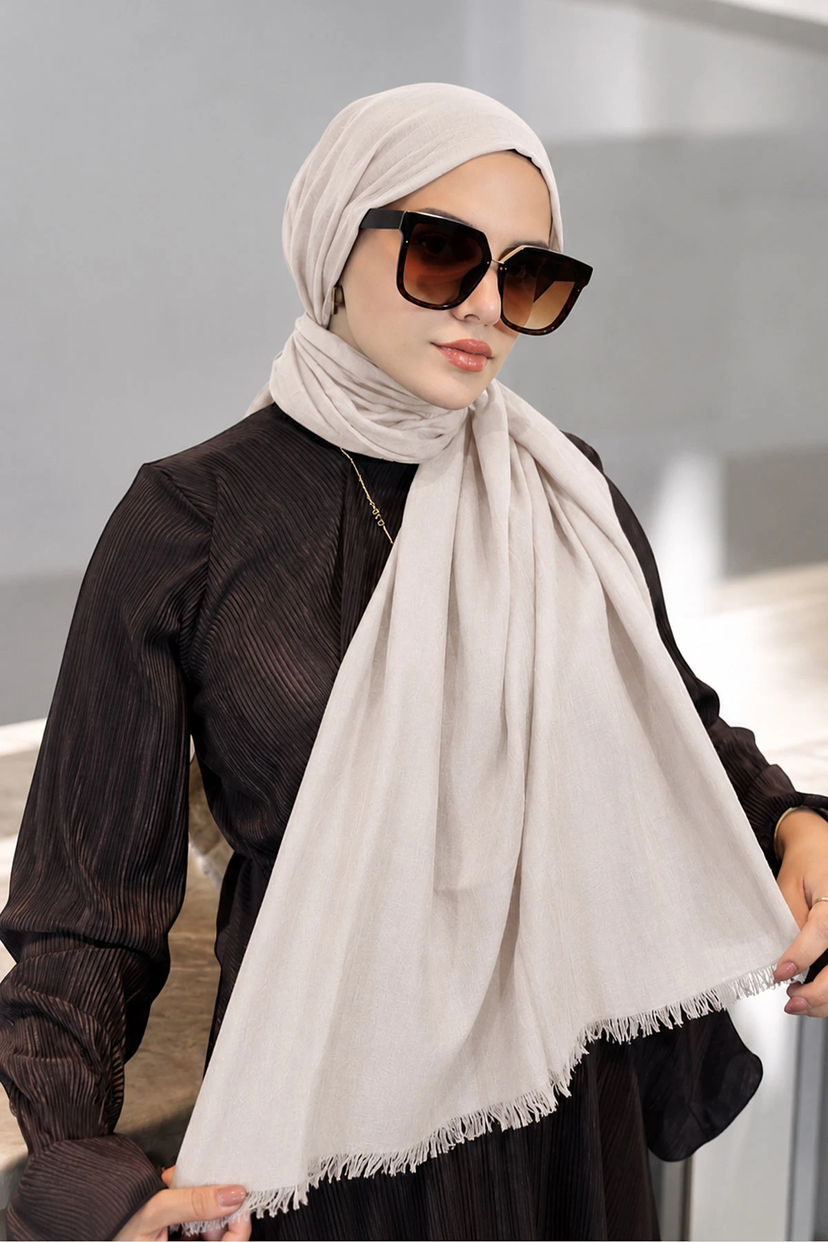 Krem 180x70 Bambu Kraş Düz Desen Şal 466069