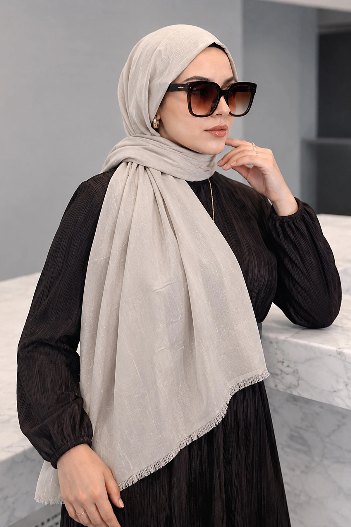 Krem 180x70 Bambu Kraş Düz Desen Şal 466069
