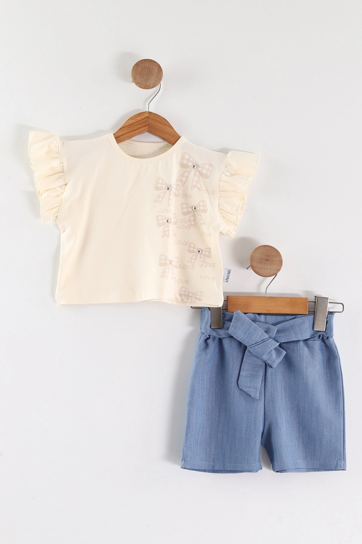Krem (2-5 Yaş)Fiyonk Baskılı Tencel Kumaş Şortlu Kız Çocuk Takım 462559