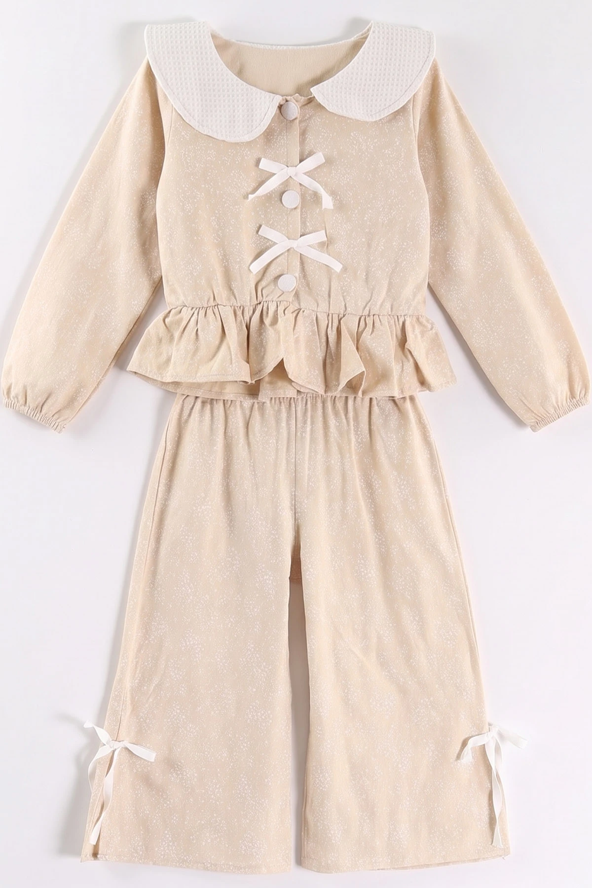 Krem (2-6 Yaş) Geniş Yakalı Çiçek Desenli Fırfırlı Bol Paça Kız Çocuk Takım 483696