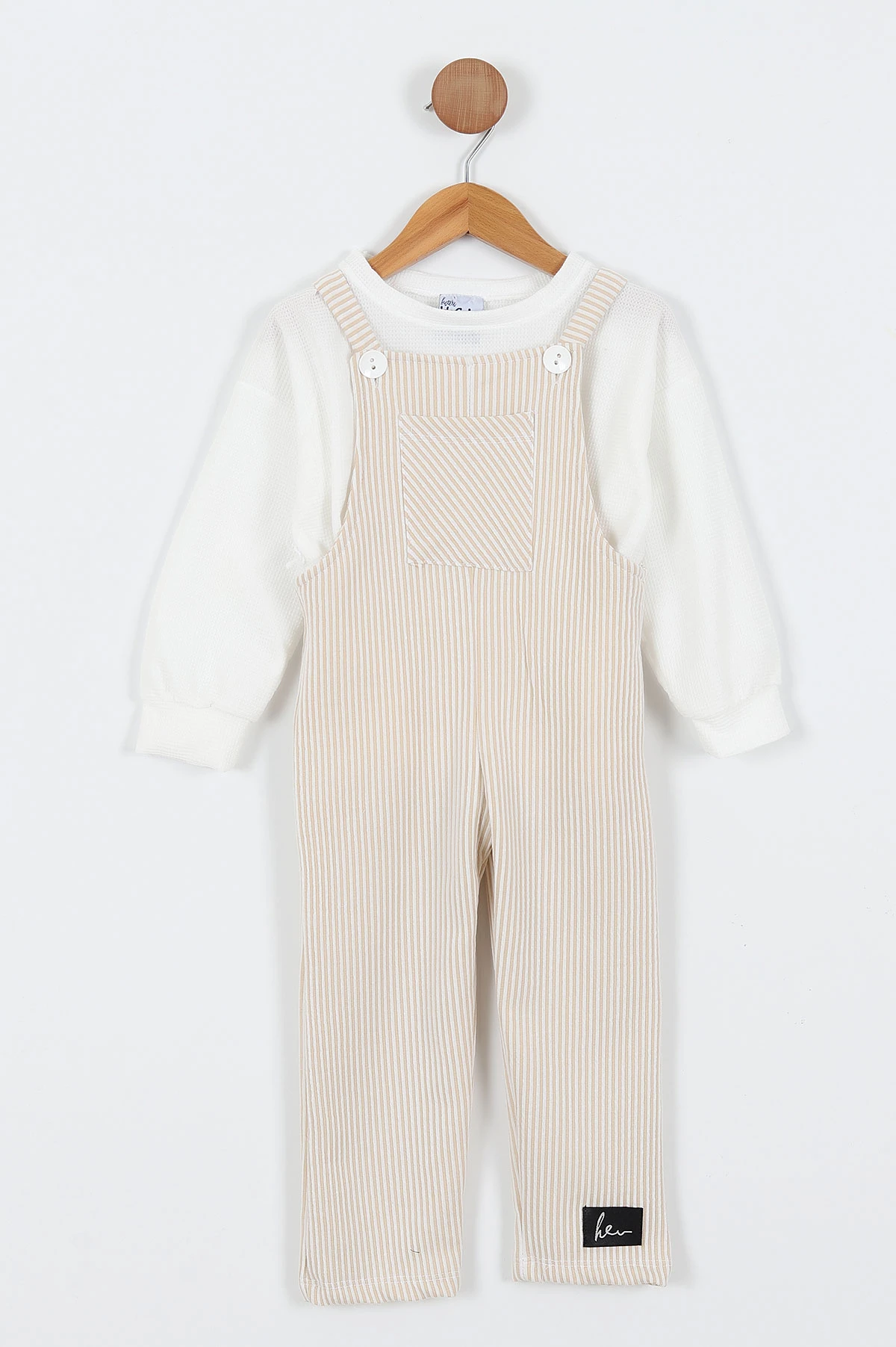 Krem (2-8 Yaş)Çizgili Badili Kız Çocuk Salopet Tulum 337455
