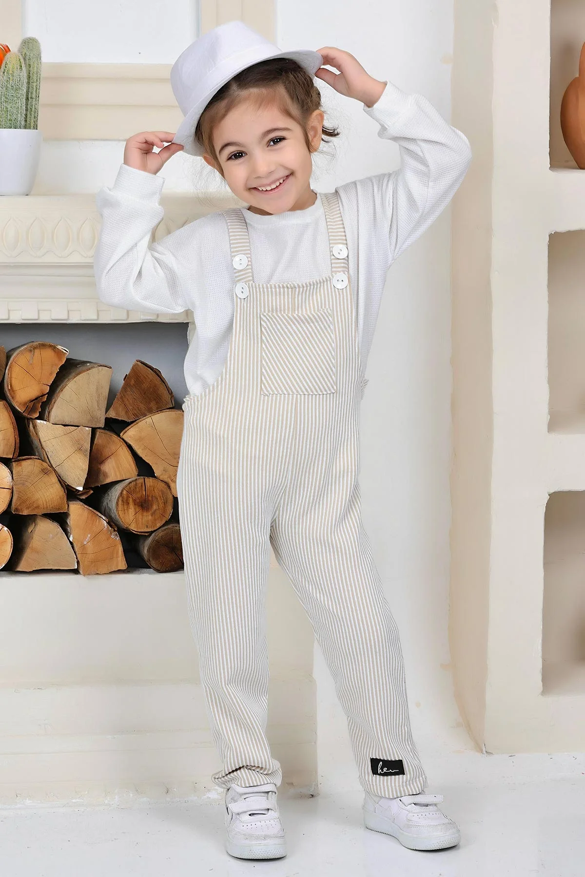 Krem (2-8 Yaş)Çizgili Badili Kız Çocuk Salopet Tulum 337455