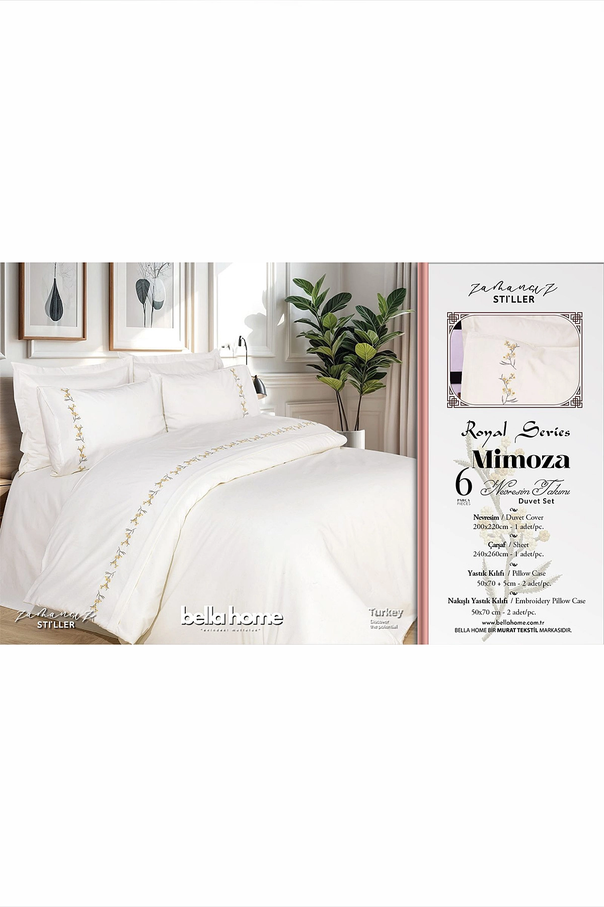 Krem 200x220 Cm Bella Home Mimoza Çift Kişilik 6 Parça Nakışlı Nevresim Takımı 474570