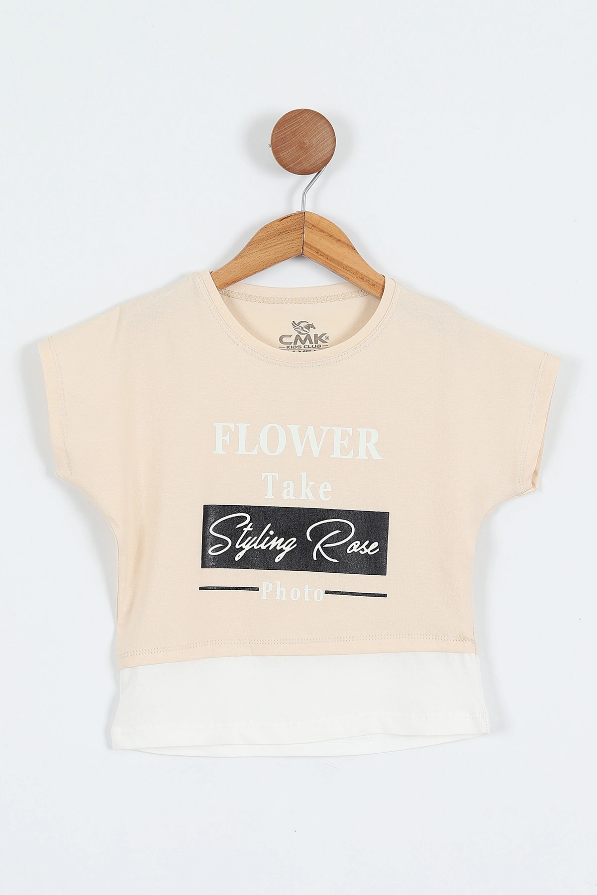 Krem (3-12 Yaş) Flower Baskılı Eklenti Detaylı Kısa Kol   Kız Çocuk Tişört 354297