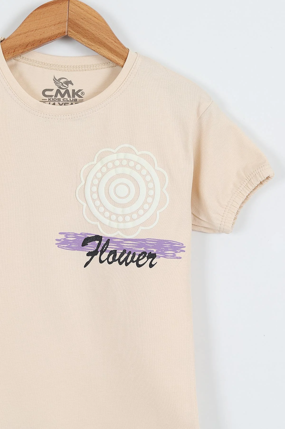 Krem (3-12 Yaş) Flower Baskılı Kol Lastikli Kız Çocuk Tişört 354291