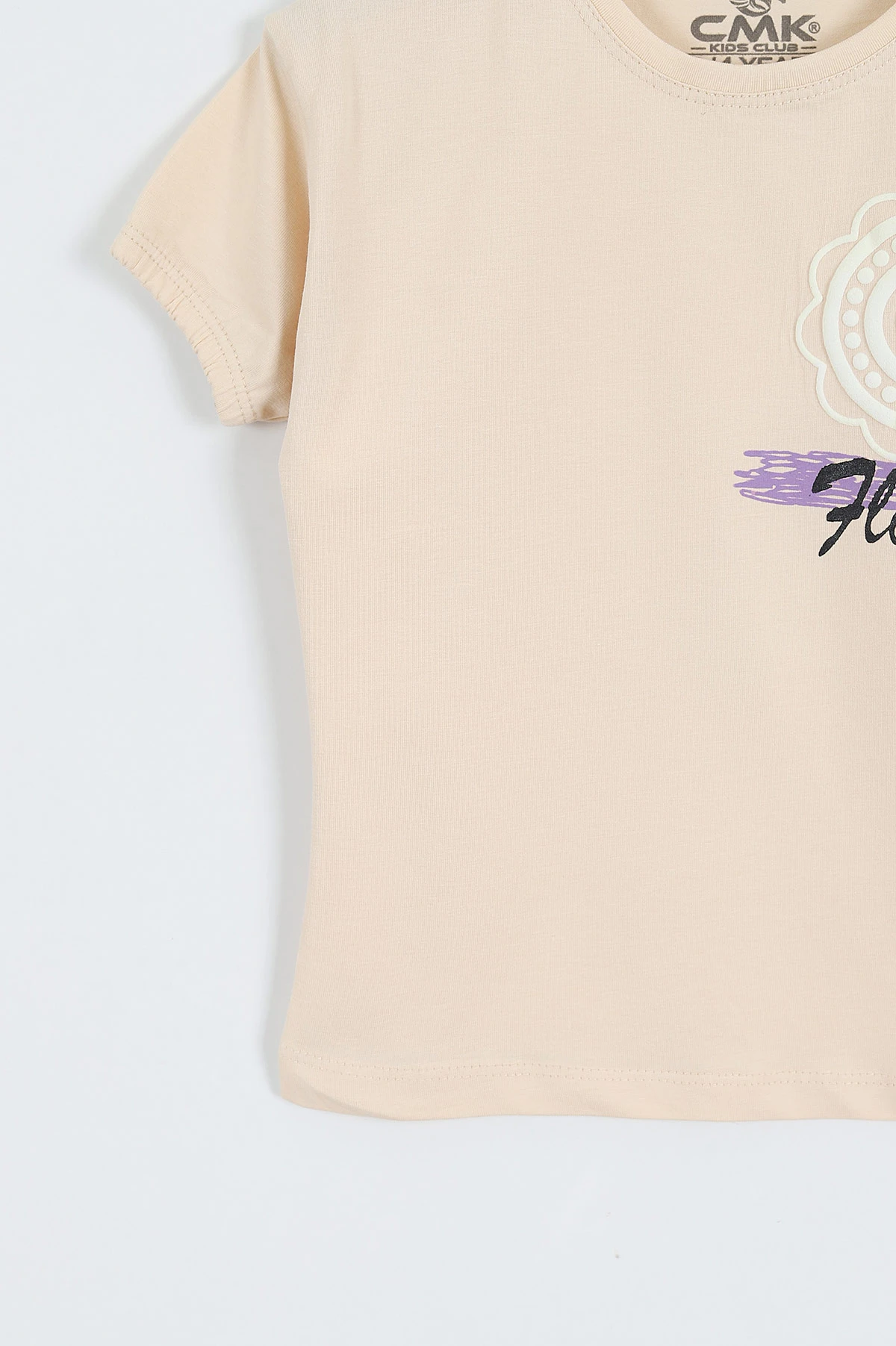 Krem (3-12 Yaş) Flower Baskılı Kol Lastikli Kız Çocuk Tişört 354291