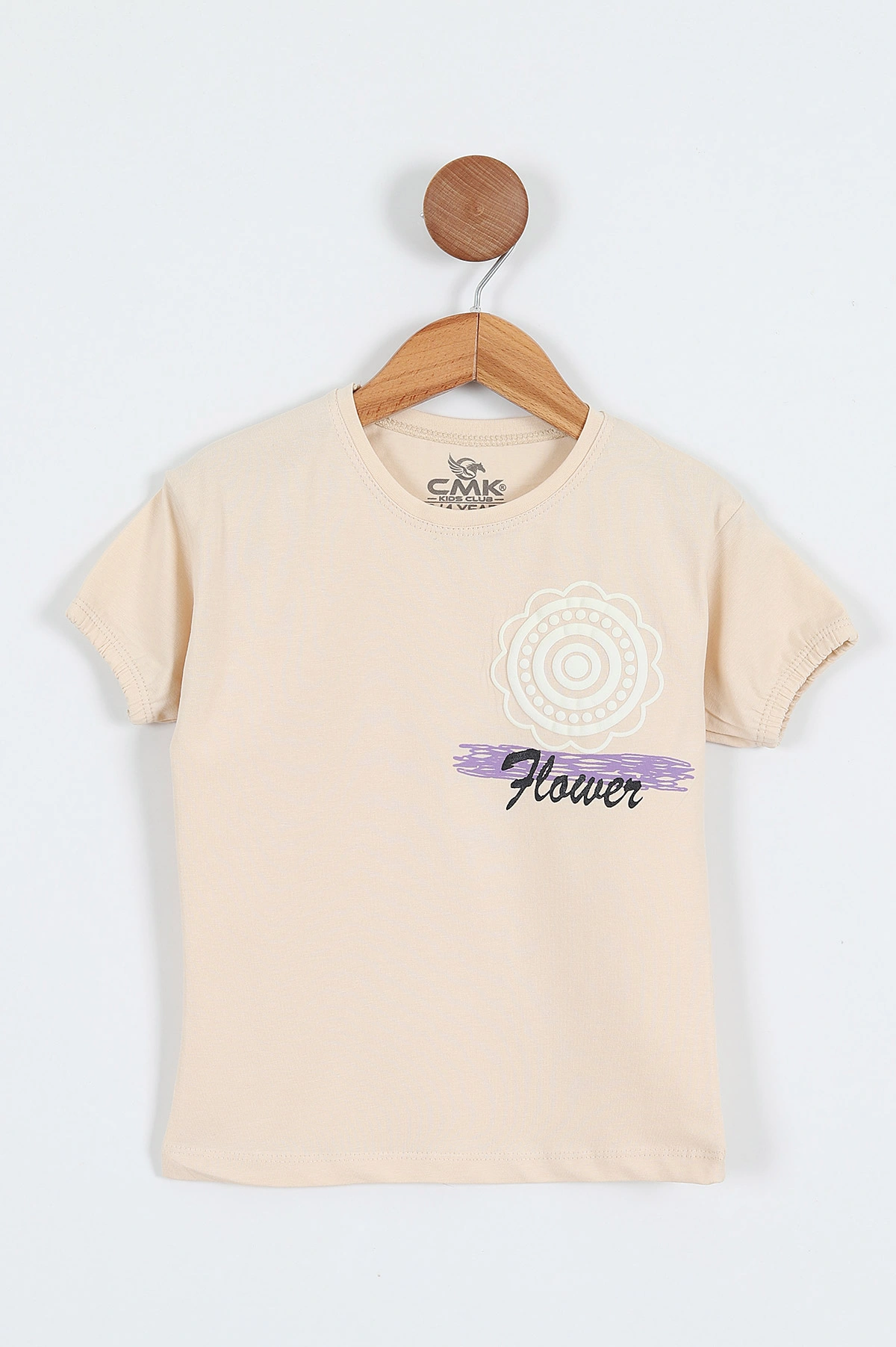 Krem (3-12 Yaş) Flower Baskılı Kol Lastikli Kız Çocuk Tişört 354291