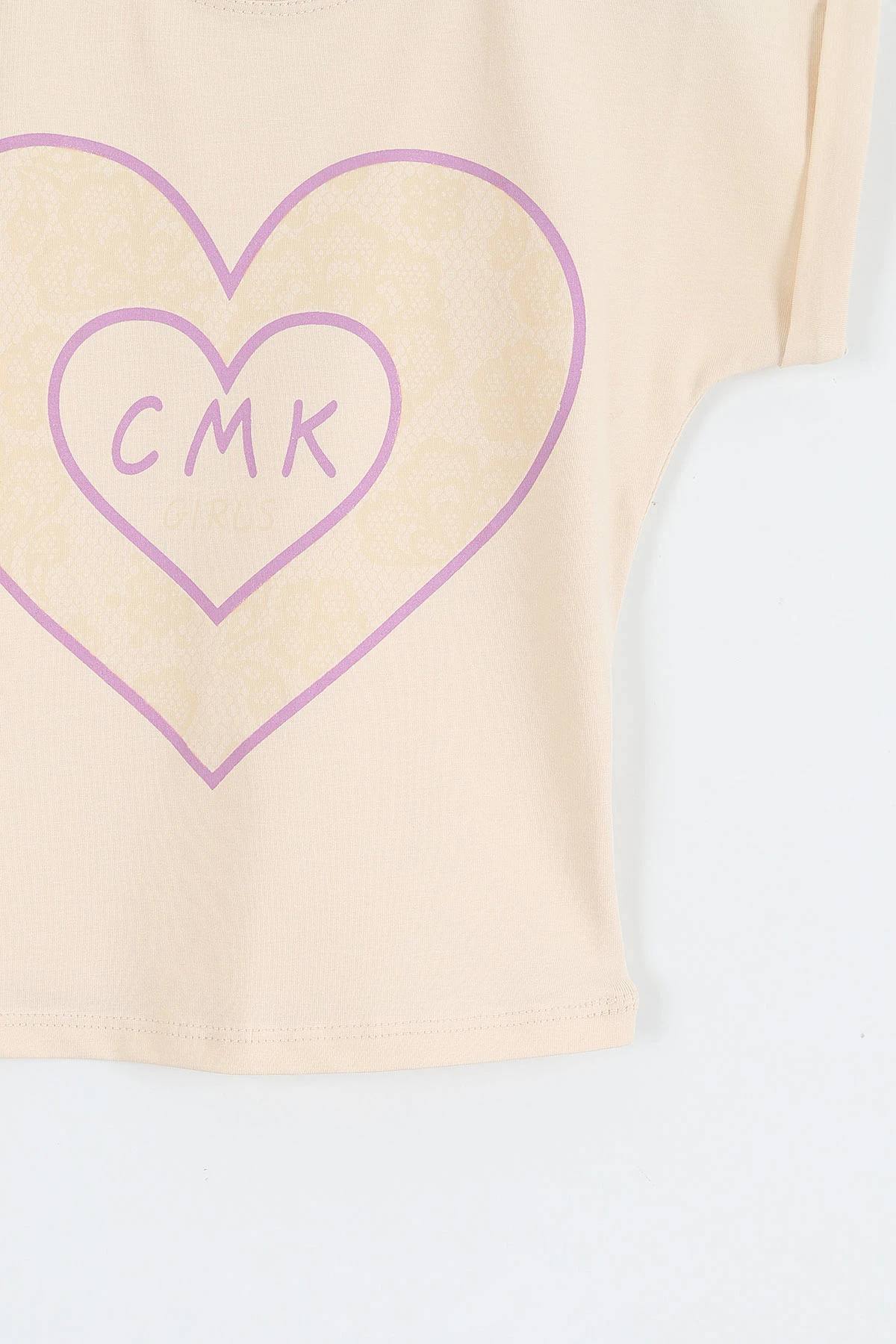 Krem (3-12 Yaş)Kalp Baskılı   Kısa Kol   Kız Çocuk Tişört 354331