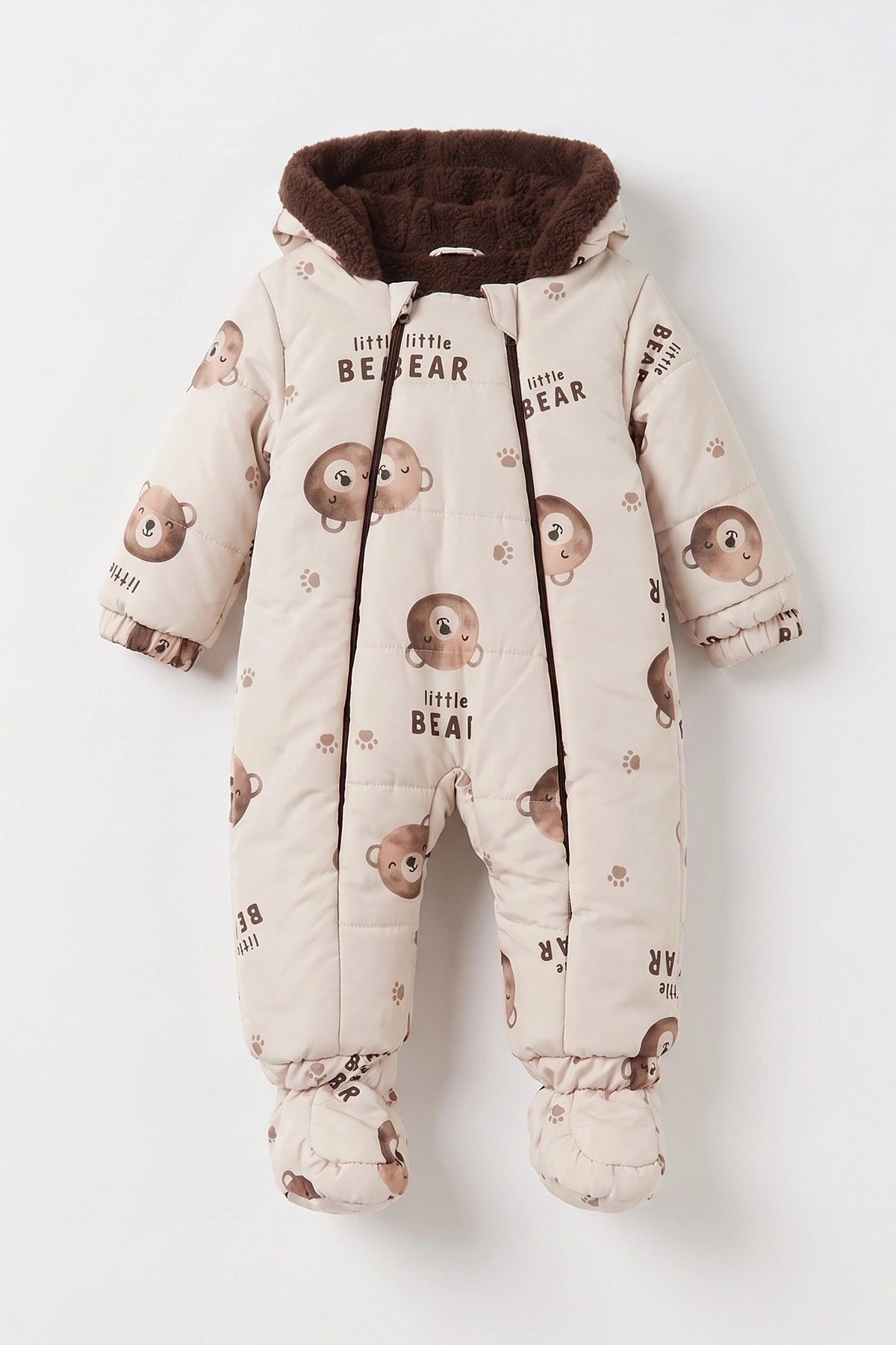 Krem (3-18 Ay)  Little Bear Desenli İçi Kürklü Çıkarılabilir Patik ve Eldivenli Kapüşonlu Bebek Kozmonot Astronot Tulum 496426