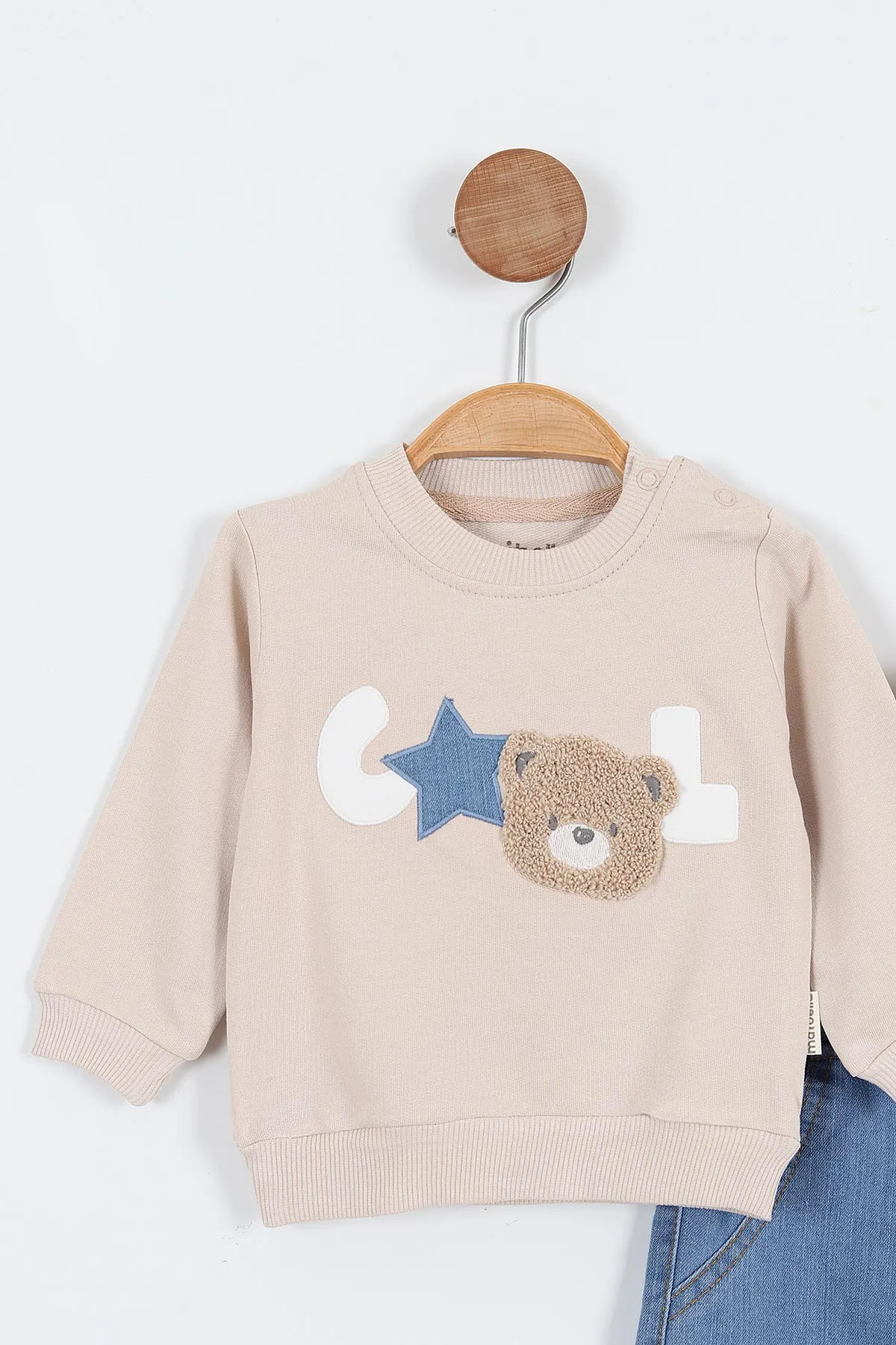 Krem (3-18 Ay)Cool Süzene Nakışlı Kot Pantolonlu Erkek Bebek Takım 316156