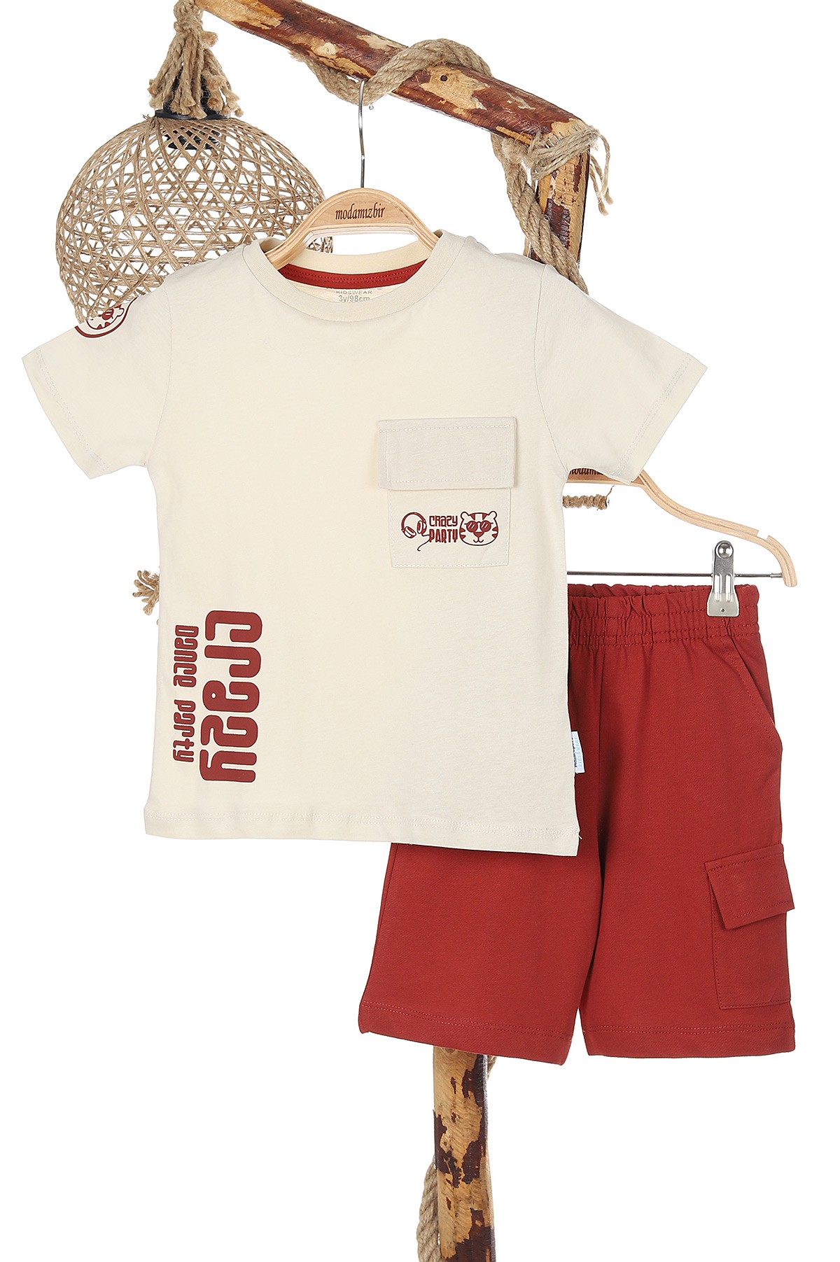Krem (2-5 Yaş) Crazy Party Baskılı Cep Detaylı Şortlu Erkek Çocuk Takım 166194