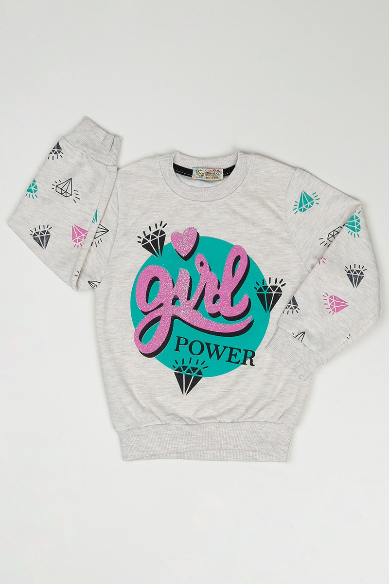 Krem (3-7 Yaş) Give Baskılı Kız Çocuk Sweatshirt 90347