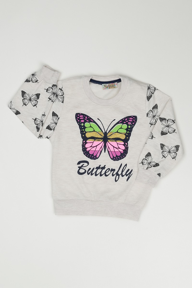 Krem (3-7 Yaş) Kelebek Baskılı Kız Çocuk Sweatshirt 90858