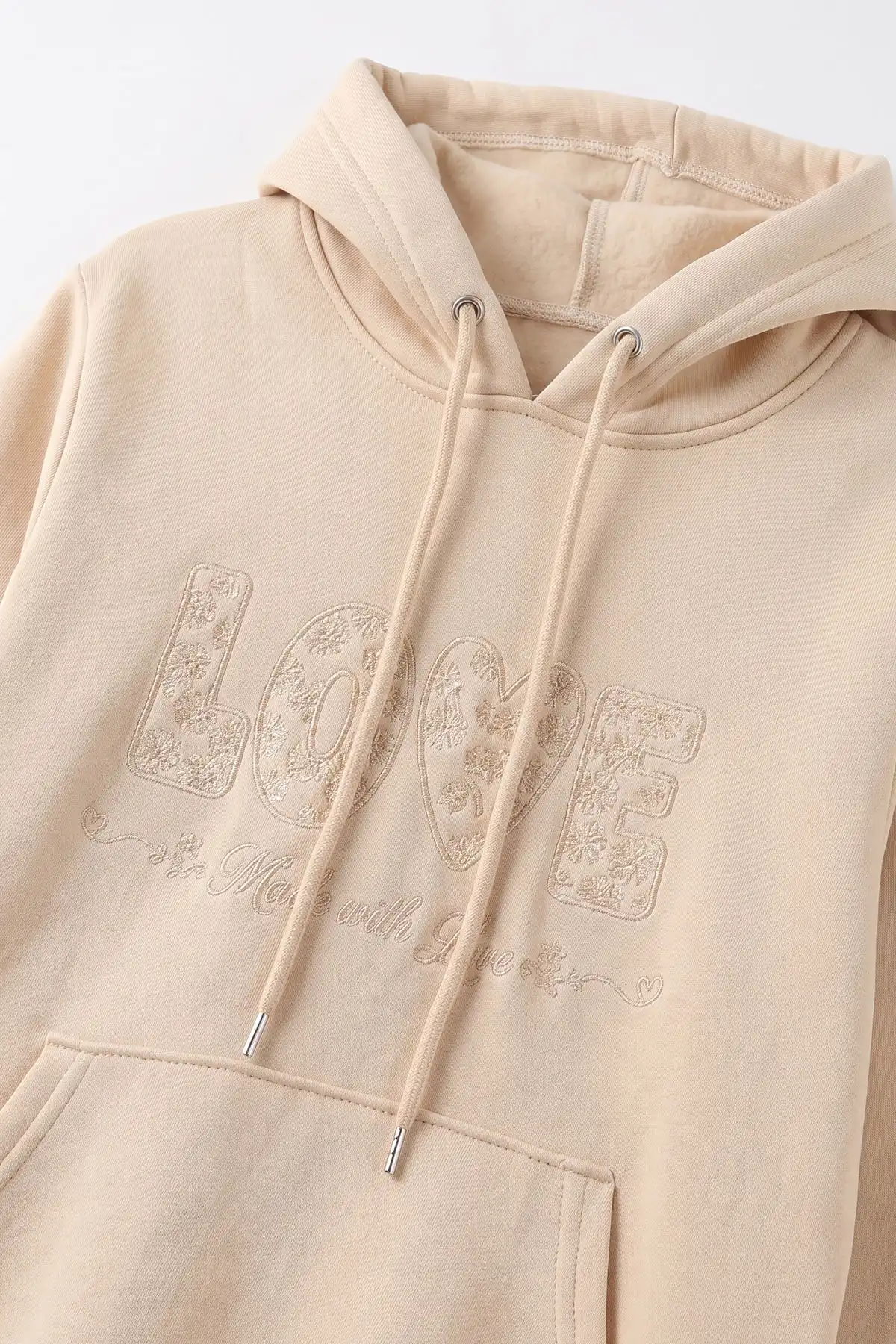 Krem (4-12 Yaş) Love Nakışlı Kapüşonlu 3 İp Şardonlu Kız Çocuk Sweatshirt 495032