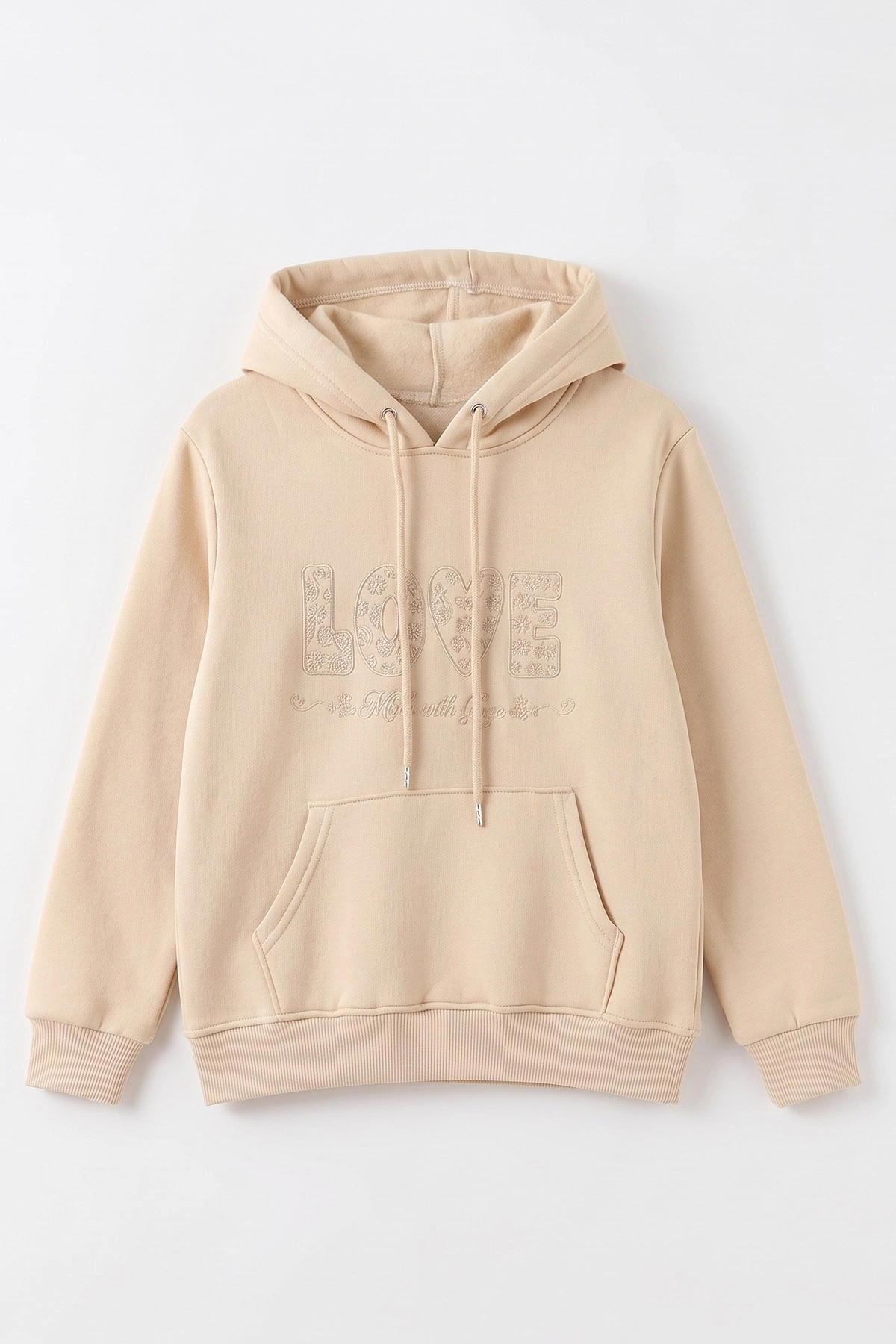 Krem (4-12 Yaş) Love Nakışlı Kapüşonlu 3 İp Şardonlu Kız Çocuk Sweatshirt 495032