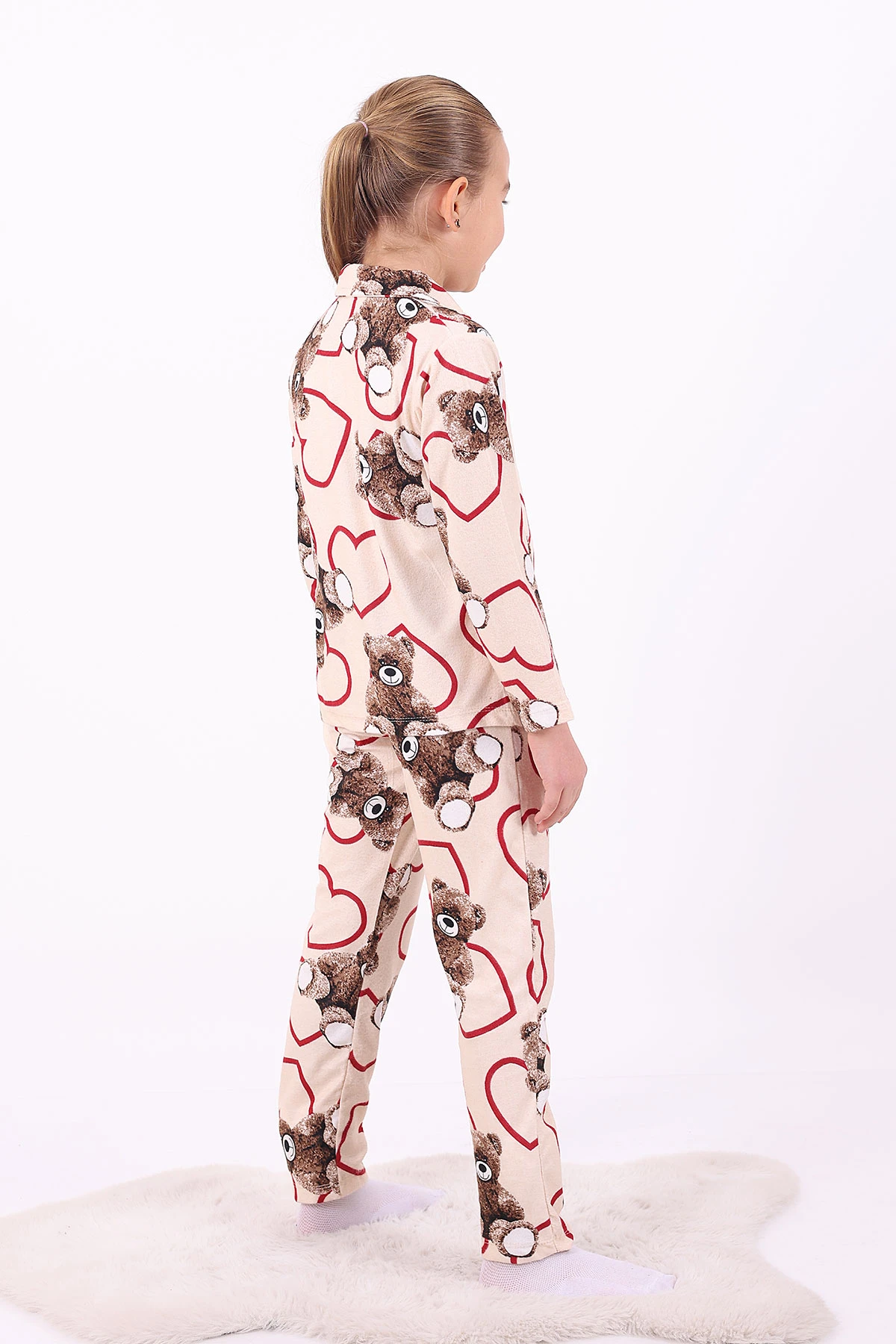 Krem (4-12 Yaş)Ayıcık Desenli Düğmeli Kız Çocuk Pijama Takımı 329805